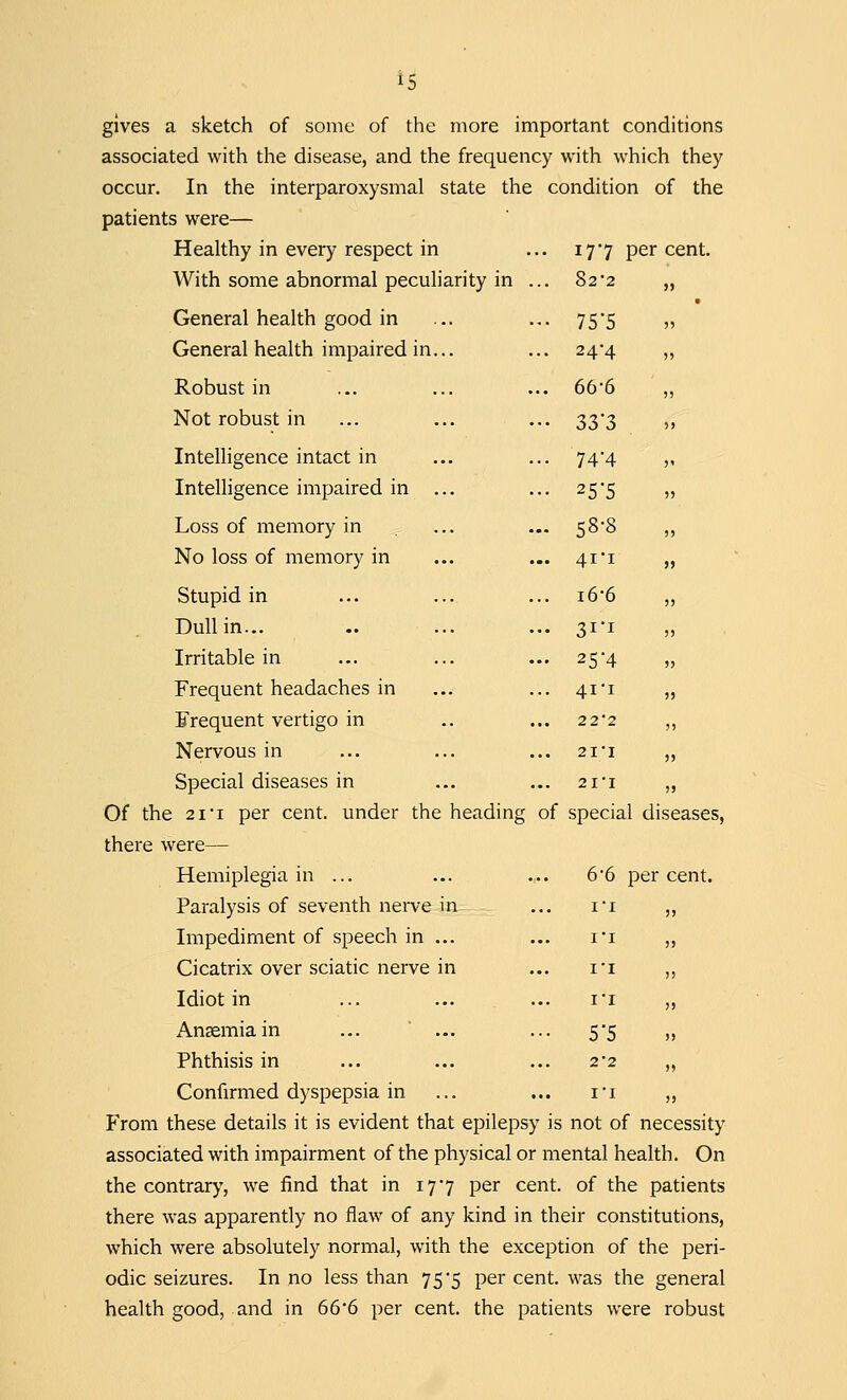 is gives a sketch of some of the more important conditions associated with the disease, and the frequency with which they occur. In the interparoxysmal state the condition of the patients were— Healthy in every respect in With some abnormal peculiarity in General health good in General health impaired in... Robust in Not robust in Intelligence intact in Intelligence impaired in ... Loss of memory in No loss of memory in Stupid in Dull in... Irritable in Frequent headaches in Frequent vertigo in Nervous in Special diseases in Of the 2ii per cent, under the heading there were— Hemiplegia in ... Paralysis of seventh nerve in Impediment of speech in ... Cicatrix over sciatic nerve in Idiot in Anaemia in Phthisis in Confirmed dyspepsia in From these details it is evident that epilepsy is not of necessity associated with impairment of the physical or mental health. On the contrary, we find that in 177 per cent, of the patients there was apparently no flaw of any kind in their constitutions, which were absolutely normal, with the exception of the peri- odic seizures. In no less than 75*5 per cent, was the general health good, and in 66*6 per cent, the patients were robust 177 per cent. ... S2-2 , • ••• 75'5 ... 24-4 , ... 66-6 ••• 33*3 i ... 74-4 , ••• 25-5 - 58-8 41*1 , ... 16-6 , ... 31-1 ... 25-4 , ... 41-1 , 22'2 , 2I/I , 2II , of special diseases 66 per cent. ii , i'i , i'i , i'i , ••• 5'5 22 , II ,