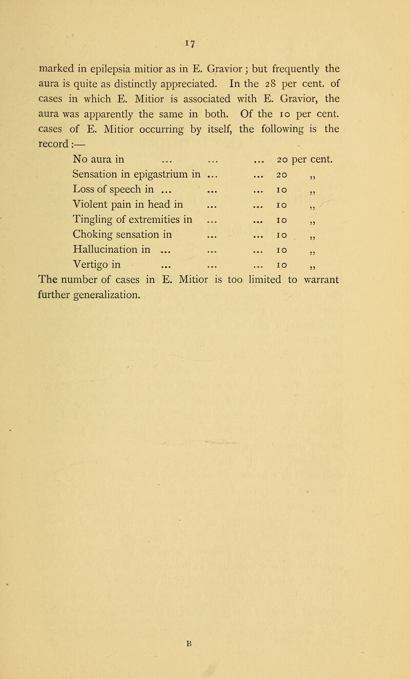 marked in epilepsia mitior as in E. Gravior; but frequently the aura is quite as distinctly appreciated. In the 28 per cent, of cases in which E. Mitior is associated with E. Gravior, the aura was apparently the same in both. Of the 10 per cent, cases of E. Mitior occurring by itself, the following is the record:— No aura in Sensation in epigastrium in Loss of speech in ... Violent pain in head in Tingling of extremities in Choking sensation in Hallucination in ... Vertigo in The number of cases in E. Mitior further generalization. 20 per cent 20 j) IO i) IO >; IO )5 IO )) IO )> IO 1) is too limited to warrant