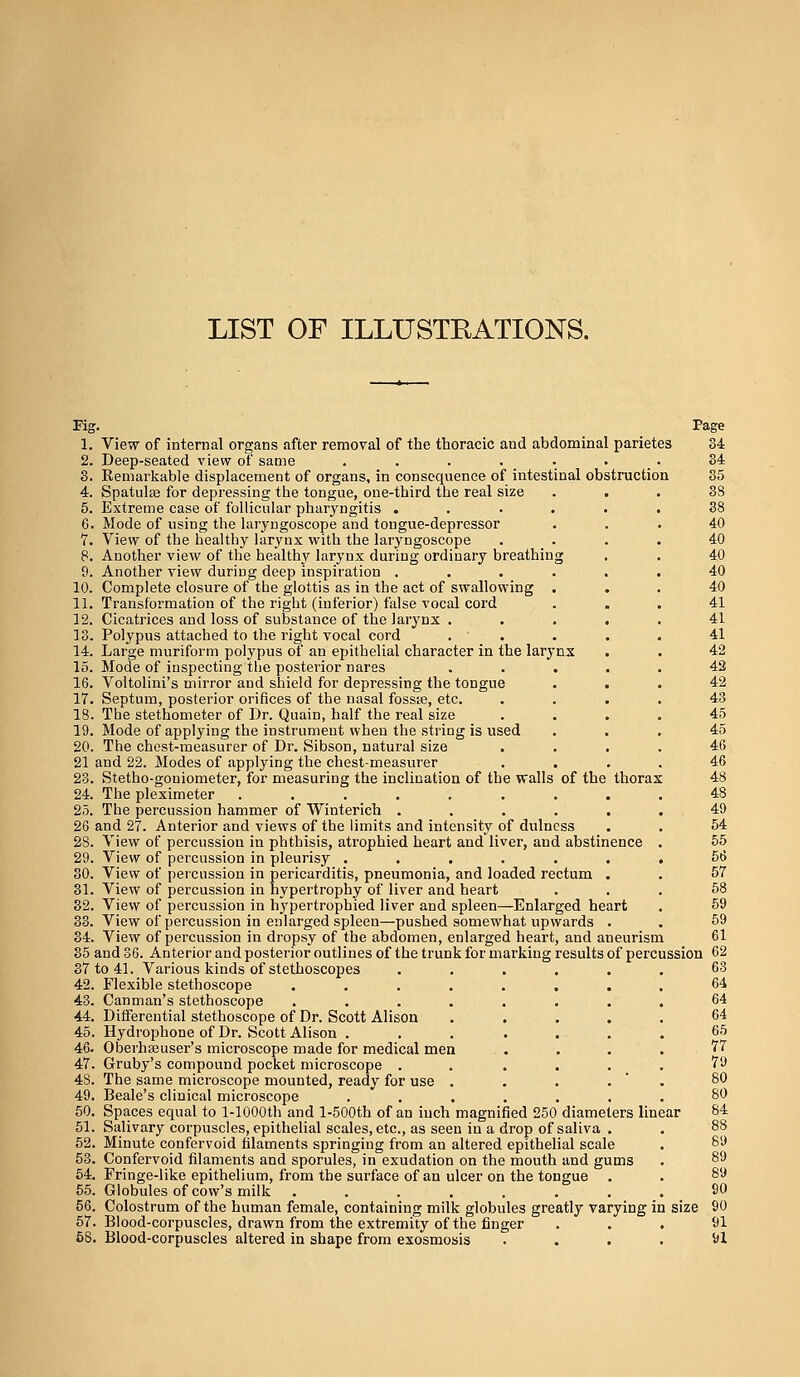 LIST OF ILLUSTRATIONS. Kg. Page 1. Vie^ of internal organs after removal of the thoracic and abdominal parietes 34; 2. Deep-seated view of same . . . . _ . . _ • 84 3. Eemarkable displacement of organs, in consequence of intestinal obstruction 35 4. Spatulse for depressing the tongue, one-third the real size ... 38 5. Extreme case of follicular pharyngitis .... 6. Mode of using the laryngoscope and tongue-depressor 7. View of the laealthy larynx with the laryngoscope 8. Another view of the healthy larynx during ordinary breathing 9. Another view during deep inspiration .... 10. Complete closure of the glottis as in the act of swallowing . 11. Transformation of the right (inferior) false vocal cord 12. Cicatrices and loss of substance of the larynx . 13. Polypus attached to the right vocal cord 14. Large muriform polypus of an epithelial character in the larynx 15. Mode of inspecting the posterior nares 16. Voltolini's mirror and shield for depressing the tongue 17. Septum, posterior orifices of the nasal fossa3, etc. 18. The stethometer of Dr. Quain, half the real size 19. Mode of applying the instrument when the string is used 20. The chest-measurer of Dr. Sibson, natural size 21 and 22. Modes of applying the chest-measurer 23. Stetho-goniometer, for measuring the inclination of the walls of the thorax 24. The pleximeter ....... 25. The percussion hammer of Winterich .... 26 and 27. Anterior and views of the limits and intensity of dulncss 28. View of percussion in phthisis, atrophied heart and liver, and abstinence 29. View of percussion in pleurisy ..... 30. View of percussion in pericarditis, pneumonia, and loaded rectum 31. View of percussion in hypertrophy of liver and heart 32. View of percussion in hypertrophied liver and spleen—Enlarged heart 38. View of percussion in enlarged spleen—pushed somewhat upwards . 84. View of percussion in dropsy of the abdomen, enlarged heart, and aneurism 85 and 36. Anterior and posterior outlines of the trunk for marking results of percussion 37 to 41. Various kinds of stethoscopes 42. Flexible stethoscope .... 43. Canman's stethoscope .... 44. Ditferential stethoscope of Dr. Scott Alison 45. Hydrophone of Dr. Scott Alison . 46. Oberhajuser's microscope made for medical men 47. Gruby's compound pocket microscope . 48. The same microscope mounted, ready for use . 49. Beale's clinical microscope 50. Spaces equal to 1-lOOOth and l-500th of an inch magnified 250 diameters linear 51. Salivary corpuscles, epithelial scales, etc., as seen in a drop of saliva . 52. Minute confervoid filaments springing from an altered epithelial scale 58. Confervoid filaments and sporules, in exudation on the mouth and gums 64. Fringe-like epithelium, from the surface of an ulcer on the tongue . 65. Globules of cow's milk ........ 56. Colostrum of the human female, containing milk globules greatly varying in si 57. Blood-corpuscles, drawn from the extremity of the finger 58. Blood-corpuscles altered in shape from exosmosis ....