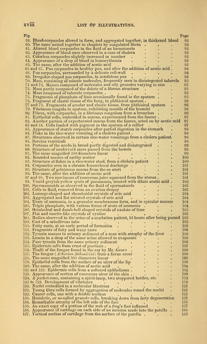 Fig. Page 59. Blood-corpuscles altered in form, and aggregated together, in thickened blood 92 fiO. The same united together in chaplets by coagulated iibrin ... 92 61. Altered blood corpuscles in the tluid of an hsematocele ... 92 62. Appearance of blood once observed ia a case of cholera ... 92 63. Colorless corpuscles slightly increased in number .... 93 64. Appearance of a drop of blood in leucocythemia .... 93 65. The same, after the addition of acetic acid ..... 93 66 and 67. Pus corpuscles in healthy pus, and after the addition of acetic acid . 94 68. Pus corpuscles, surrounded by a delicate cell-wall .... 94 69. Irregular-shaped pus corpuscles, in scrofulous pus .... 94 TO. Mass, consisting of minute molecules, frequently seen in disintegrated tubercle 95 71 and 72. Masses composed of molecules and oily granules varying in size . 95 73. Mass partly composed of the debris of a fibrous structure ... 95 74. Mass composed of tubercle corpuscles . ..... 95 75. Fragments of phosphate of lime occasionally found in the sputum . . 95 76. Fragment of elastic tissue of the lung, in phthisical sputum . . . 96 77 and 78. Fragments of areolar and elastic tissue, from phthisical sputum . 96 79. Fibrinous coagula in sputum, exhibiting moulds of the bronchi . . 96 80. Fibres, with corpuscles, in a fibrinous coagulum from a bronchus . . 96 81. Epithelial cells, embedded in mucus, expectorated from the fauces . .97 82. Another portion of expectorated mucus from the fauces, acted on by acetic acid 97 83 and 84. Cells loaded with pigment in the sputum of a collier . . . 97 85. Appearance of starch corpuscles after partial digestion in the stomach . 93 86. Flake in the rice-water vomiting of a cholera patient .... 98 87. Structures observed in certain rice-water vomitings from a cholera patient. 98 88. Sarcina ventriculi ........ 98 89. Portions of the uredo in bread partly digested and disintegrated . . 99 90. Structure of confervoid mass passed from the bowels ... 99 91. The same magnified 500 diameters linear ..... 99 92. Rounded masses of earthy matter . . . . . . 100 93. Structure of flakes in a rice-water stool, from a cholera patient . . 100 94. Corpuscles seen in a chronic leucorihceal discharge .... 101 95. Structure of gelatinous mucus from the OS uteri .... 101 96. The same, after the addition of acetic acid ..... 101 97 and 98. Two specimens of cancerous juice squeezed from the uterus . . 101 99. Viscid greyish-yellow sputa of pneumonia, treated with dilute acetic acid . 102 100. Spermatozoids as observed in the fluid of spermatocele . . . 103 101. Cells in fluid, removed from an ovarian dropsy .... 103 102. Lozenge-shaped and rhomboidal crystals of uric acid . . . 104 103. Aggregated and flat striated crystals of uric acid . . . . 104 104. Urate of ammonia, in a granular membranous form, and in spicular masses 104 105. Triple phosphate, with various forms of urate of ammonia . . . 104 lOfi. Octahedral and dumb-bell shaped crystals of oxalate of lime . . 105 107. Flat and rosette-like crystals of cystine ..... 105 103. Bodies observed in the urine of a scarlatina patient, 24 hours after being passed 105 109. Cast of a uriniferous tube ....... 105 110. Fatty casts, at an early period of formation ..... 108 m. Fragments of fatty and waxy casts ...... 106 112. Tyrozin masses in urinary sediment of a man with atrophy of the liver . 106 113. Leucin in a drop of the same urine allowed to evaporate . . . 106 114. Pure tyrozin from the same urinary sediment .... 106 115. Epidermic cells from crust of psoriasis . ..... 107 116. Thalli of the fungus found in the ear by Mr. Grove . . . , 108 117. The fungus (^lc/io?'io« ^SWiora^eiMi) from a favus crust . . . 108 118. The same magnified 500 diameters linear ..... 108' 119. Epithelial cells from the surface of an ulcer of the lip ... 108 120. The same, after the addition of acetic acid ..... lOg 121 and 122. Epidermic cells from a softened epithelioma .... lOe 123. Appearance of section of cancerous ulcer of the skin . . . . 109 124. A pocket-case, containing a spirit-lamp, two stoppered bottles, etc. . 112 125 to 129. Development of vibriones ...... 119 130. Nuclei embedded in a molecular blastema ..... 121 131. Young fibre cells formed by aggregation of molecules round the nuclei . 121 132. Cancer cells, one with a double nucleus ..... 121 133. Histolytic, or so-called granule cells, breaking down from fatty degeneration 121 134. Remarkable atrophy of the left side of the face .... 155 135. An exact copy of a portion of the web of a frog's foot inflamed . . 157 136. Appearance of cartilage on each side of an incision made into the patella . 103 137. Vertical section of cartilage from the surface of the patella . . . 163