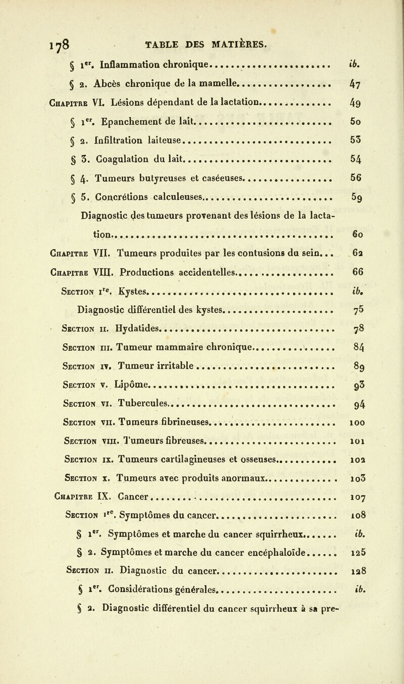 1^8 TABLE DES MATIÈRES. § i. Inflammation chronique ib, § 2. Abcès chronique de la mamelle. 4? Chapitre VI. Lésions dépendant de la lactation ^ 49 § 1^'. Epanchement de lait 5o § 2. Infiltration laiteuse 53 § 5. Coagulation du lait 54 § 4* Tumeurs butyreuses et caséeuses 56 § 5. Concrétions calculeuses 59 Diagnostic des tumeurs provenant des lésions de la lacta- tion 60 Chapitre VII. Tumeurs produites par les contusions du sein... 62 Chapitre VIII. Productions accidentelles 66 Section i^®. Kystes , ib. Diagnostic différentiel des kystes yS Section ii. Hydatides 78 Section m. Tumeur mammaire chronique 84 Section iy. Tumeur irritable 89 Section v. Lipome gS Section vi. Tubercules 94 Section vu. Taraeurs fibrineuses. 100 Section viii. l'umeurs fibreuses 101 Section ix. Tumeurs cartilagineuses et osseuses 102 Section x. Tumeurs avec produits anormaux io3 Chapitre IX. Cancer - 107 Section i'®. Symptômes du cancer 108 § i*'. Symptômes et marche du cancer squirrheux. ib. § 2. Symptômes et marche du cancer encéphaloïde 125 Section ii. Diagnostic du cancer 128 § 1^. Considérations générales ib,