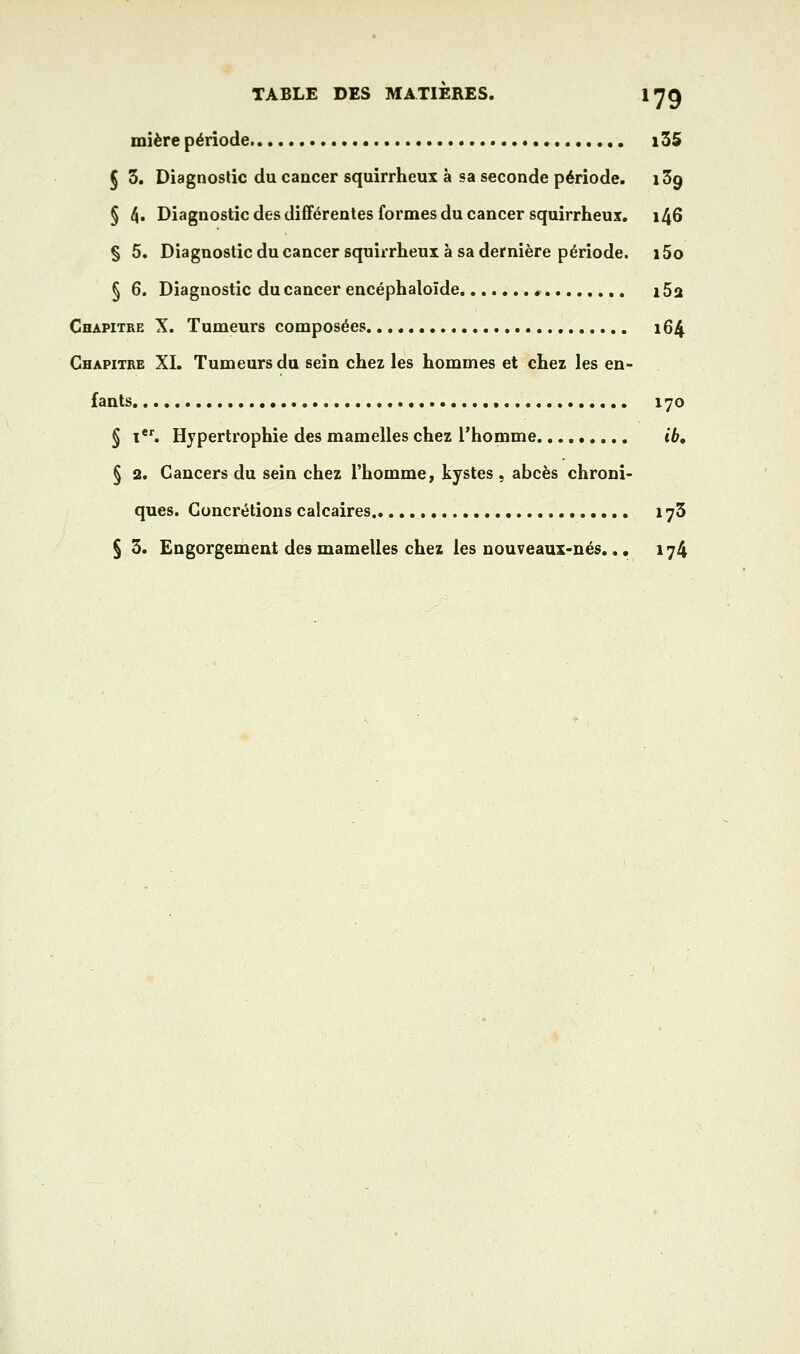 mière période i3S § 3. Diagnostic du cancer squirrheux à sa seconde période. iSg § 4» Diagnostic des différentes formes du cancer squirrheux. 146 § 5. Diagnostic du cancer squirrheux à sa dernière période. 15o § 6. Diagnostic du cancer encéphaloïde. i5a Chapitre X. Tumeurs composées 164 Chapitre XL Tumeurs du sein chez les hommes et chez les en- fants 170 § ï*^ Hypertrophie des mamelles chez l'homme ib, § 2. Cancers du sein chez l'homme, kystes , abcès chroni- ques. Concrétions calcaires 1 yS