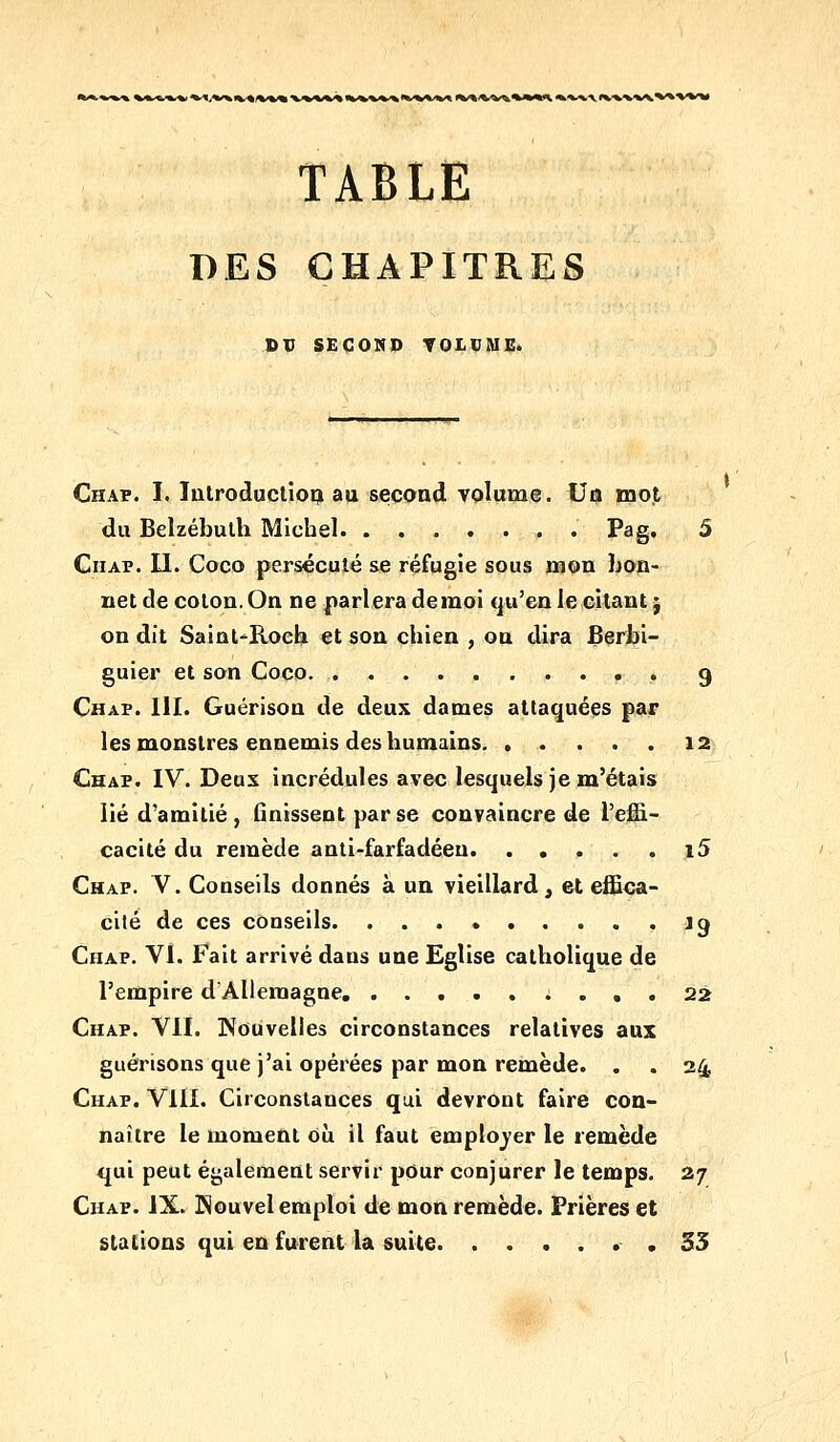 TABLE DES CHAPITRES DU SECONP XOLVUU^ Chap. I. Tulroductioij au second volume. Va mot du Belzébulh Michel Pag* ^ CiiAP. II. Coco persécuté se réfugie sous mon bon- net de colon. On ne parlera deraoi qu'en le citant j on dit Saint-Roch et son chien , on dira Berbi- guier et son Coco 9 Chap. m. Guérison de deux dames attaquées par les monstres ennemis des humains. ..... 12 Chap. IV. Deux incrédules avec lesquels je m'étais lié d'amitié, finissent par se convaincre de l'effi- cacité du remède anti-farfadéen i5 Chap. V. Conseils donnés à un vieillard ^ et effica- cité de ces conseils ig Chap. VI. Fait arrivé dans une Eglise catholique de l'empire d'Allemagne 22 Chap. Vil. Nouvelles circonstances relatives aux guérisons que j'ai opérées par mon remède. . . 24 Chap. VIII. Circonstances qui devront faire con- naître le moment où il faut employer le remède qui peut également servir pour conjurer le temps. 27 Chap. IX. JNouvel emploi de mon remède. Prières et stations qui en furent la suite . 53