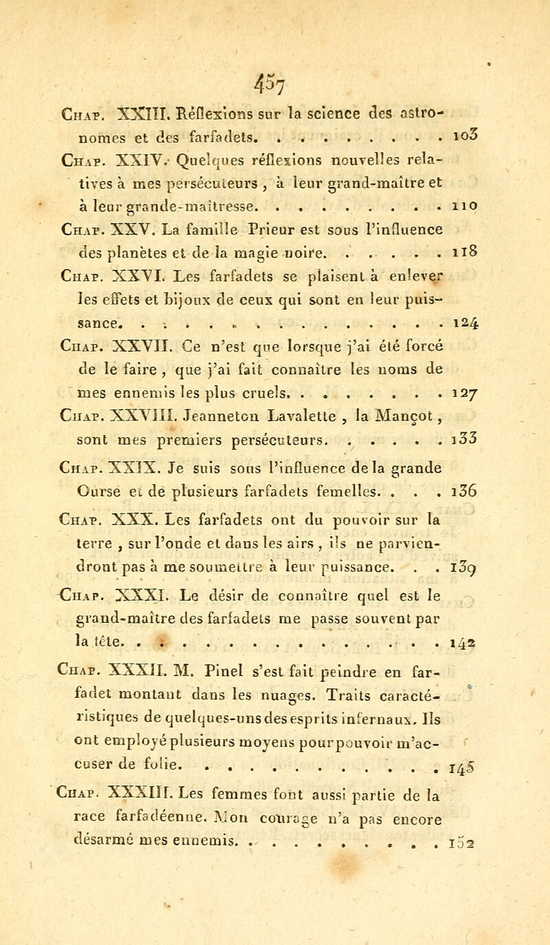 457 Chap. XXITI. Réflexions sur la science des astro- nomes et des farfadets io3 Chap. XXIV.- Quelques réflexions nouvelles rela- tives à mes persécuteurs , à leur grand-maître et à leur grande-maitresse iio Chap. XXV. La famille Prieur est sous l'influence des planètes et de la magie uoire. . . . . .118 Chap. XXVI. Les farfadets se plaisent à enlever les effets et Lijoux de ceux qui sont en leur puis- sance. 124 CuAP. XXVII. Ce n'est que lorsque j'ai élé forcé de le faire, que j'ai fait connaître les noms de mes ennemis les plus cruels 127 CuAP. XXVIIÏ. Jeanneton Lavalette , la Mançot, sont mes premiers persécuteurs i33 Chap. XXïX. Je suis sous l'influence delà grande Ourse et de plusieurs farfadets femelles. . . . i36 Chap. XXX. Les farfadets ont du pouvoir sur la terre , sur l'onde et dans les airs , ils ne parvien- dront pas à me soumettre à leur puissance. . . 109 -Chap. XXXI. Le désir de connaître quel est le grand-maître des farfadets me passe souvent par la fête. . i . . . . . 142 Chap. XXXII. M. Pinel s'est fait peindre en far- fadet montant dans les nuages. Traits caracté- ristiques de quelques-uns des esprits infernaux. Ils ont employé plusieurs moyens pourpouvoir m'ac- cuser de folie jA§ Chap. XXXIir. Les femmes font aussi partie de la race farfadéenue. IViou coluage n'a pas encore désarmé mes ennemis i52