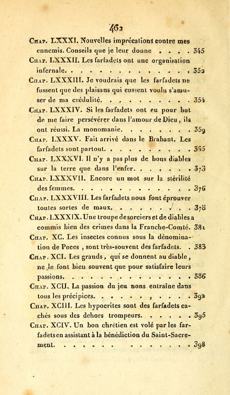 '4^2 Chap. LXXXI. Nouvelles imprécations eonlre mes ennemis. Conseils que je leur donne .... 345 Chàp. LXXXII. Les farfadets ont une organisation infernale ,...., 352 CriAP. LXXXIir. Je voudrais que les farfadets ne fussent que des plaisans qui eussent voulu s'anju- ser de ma crédulité. . , 354 CfiAP. LXXXIV. Si les farfadets ont eu pour but de nie faire persévérer dans l'amour de Dieu, ils ont réussi. La monomanie 35^ Chap. LXXXV. Fait arrivé dans le Brabaut. Les farfadets sont partout. .......... 3^5 CuAP. LXXXVL 11 n'y a pas plus de bons diables sur la terre que dans l'enfer. ...... 3/3 Chap. LXXXVIl. Encore un mot sur la stérilité des femmes . . 3y6 Chap. LXXXVIII. Les farfadets nous font éprouver toutes sortes de maux . 3/8 Chap. LXXXlX.Une troupe desorciers et de diables a commis bien des crimes dans la Francbe-Con}té. 381 Chap. XC. Les insectes connus sous la dénomina- tion de Puces , sont très-souvent des farfadets. . 383 Chap . XCL Les grands, qui se donnent au diable, ne le font bien souvent que pour satisfaire leurs passions .....* 38S Chap. XCIJ.. La passion du jeu nons entraîne dans tous les précipices. .......... 3991 Chap. XCIIL Les hypocrites sont des farfadets ca- chés sous des dehors trompeurs 3(j5 Chap. XCIV. Un bon chrétien est volé parles far- fadets en assistant à la bénédiction du Saint-Sacre-