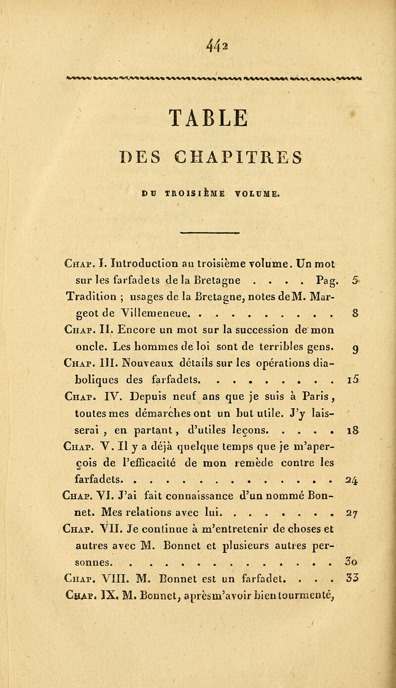 TABLE DES CHAPITRES VV TROISIÈME VOLVMË. Chap. I. ïulroducllon au troisième volume. Un mot sur les farfadets de la Bretagne .... Pag. 5- Tradition ; usages de la Bretagne, noies deM. Mar- geot de Villemeneue 8 Chap. II. Encore un mot sur la succession de'mon oncle. Les hommes de loi sont de terribles gens. g Chap. III. Nouveaux détails sur les opérations dia- boliques des farfadets i5 Chap. IV. Depuis neuf ans que je suis à Paris, toutes mes démarches ont un but utile. J'y lais- serai , en partant, d'utiles leçons i8 Chap. V. Il y a déjà quelqiie temps que je m'aper- çois de l'efficacité de mon remède contre les farfadets 24 Chap. VI. J'ai fait connaissance d'un nommé Bon- net. Mes relations avec lui 27 Chap. VII. Je continue à m'entretenir de choses et autres avec M. Bonnet et plusieurs autres per- sonnes 2o Chap. VIII. M. Bonnet est un farfadet. ... 33 CsAP. 3X. M. Bonnet; aprèsm'avoir bien tourmenté;