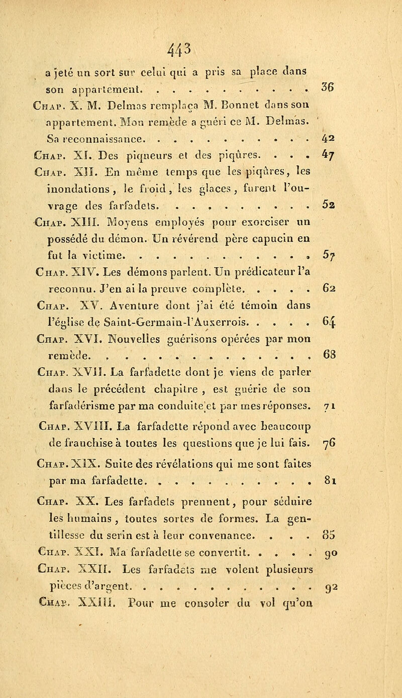 a jeté un sort sur celui qni a pris sa place dans son apparlement 36 Chai'. X. M. Delmas remplaça M. Bonnet dans son apparteraent. Mon remède a guéri ce M. Delmas. Sa reconnaissance 42 Chap. xi. Des piqneurs et des piqûres. ... 4/ Chap. Xîï. En même temps que les piqûres, les inondations, le froid, les glaces, furent l'ou- vrage des farfadets 52 Chap. XlîL Moyens employés pour exorciser un possédé du démon. Un révérend père capucin en fut la victime m 5f Chap. XIV. Les démons parlent. Un prédicateur l'a reconnu. J'en ai la preuve complète. . . . . 62 Chap. XV. Aventure dont j'ai été témoin dans l'église de Saint-Germaîn-l'Auserrois 6^^ Chap. XVI. Nouvelles guérisons opérées par mon remède. , * ... 68 Chap. XVJÎ. La farfadette dont je viens de parler dans le précédent chapitre , est guérie de son farfadérisme par ma conduite^et par mes réponses. 71 Chap. XVIII. La farfadette répond avec beaucoup de franchise à toutes les questions que je lui fais. 76 Chap. XiX. Suite des révélations qui me sont faites par ma farfadette . . 8i Chap. XX. Les farfadels prennent, pour séduire les humains , toutes sortes de formes. La gen- tillesse du serin est à leur convenance. ... 85 Chap. XXÏ. Ma farfadette se convertit 9** Chap. XXII. Les farfadets me volent plusieurs pièces d'argent 92 Chaï, 'Si'Kill. Pour me consoler du vol qu'oa