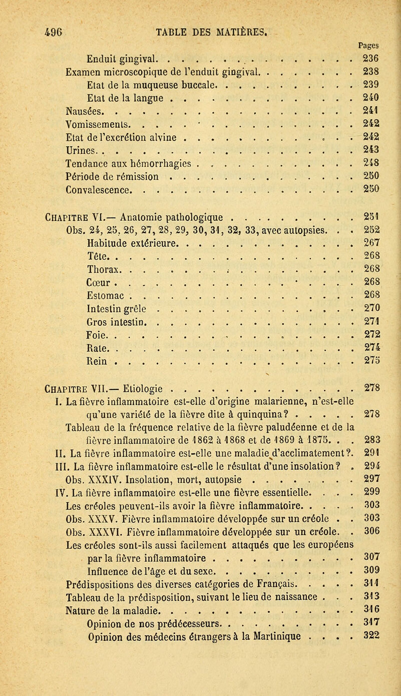 Pages Enduit gingival 236 Examen microscopique de Fenduit gingival 238 Etat de la muqueuse buccale 239 Etat de la langue 240 Nausées 241 Vomissements ' 242 Etat de l'excrétion alvine 242 Urines 243 Tendance aux hémorrhagies . 248 Période de rémission 250 Convalescence 250 Chapitre VI.— Anatomie pathologique 251 Obs. 24, 25, 26, 27, 28, 29, 30, 31, 32, 33, avec autopsies. . . 252 Habitude extérieure 267 Tête 268 Thorax ; 268 Cœur • .... 268 Estomac 268 Intestin grêle 270 Gros intestin 271 Foie 272 Rate 274 Rein 275 Chapitre VIL— Eiiologie 278 I. La fièvre inflammatoire est-elle d'origine malarienne, n'est-elle qu'une variété de la fièvre dite à quinquina? 278 Tableau de la fréquence relative de la fièvre paludéenne et de la fièvre inflammatoire de 1862 à 1868 et de 1869 à 1875. . . 283 II. La fièvre inflammatoire est-elle une maladie^d'acclimatement?. 291 III. La fièvre inflammatoire est-elle le résultat d'une insolation? , 294 Obs. XXXIV. Insolation, mort, autopsie 297 IV. La fièvre inflammatoire est-elle une fièvre essentielle. . . . 299 Les créoles peuvent-ils avoir la fièvre inflammatoire 303 Obs. XXXV. Fièvre inflammatoire développée sur un créole . . 303 Obs. XXXVI. Fièvre inflammatoire développée sur un créole. . 306 Les créoles sont-ils aussi facilement attaqués que les européens par la fièvre inflammatoire 307 Influence de l'âge et du sexe 309 Prédispositions des diverses catégories de Français 311 Tableau de la prédisposition, suivant le lieu de naissance . . . 313 Nature de la maladie 316 Opinion de nos prédécesseurs 317 Opinion des médecins étrangers à la Martinique .... 322