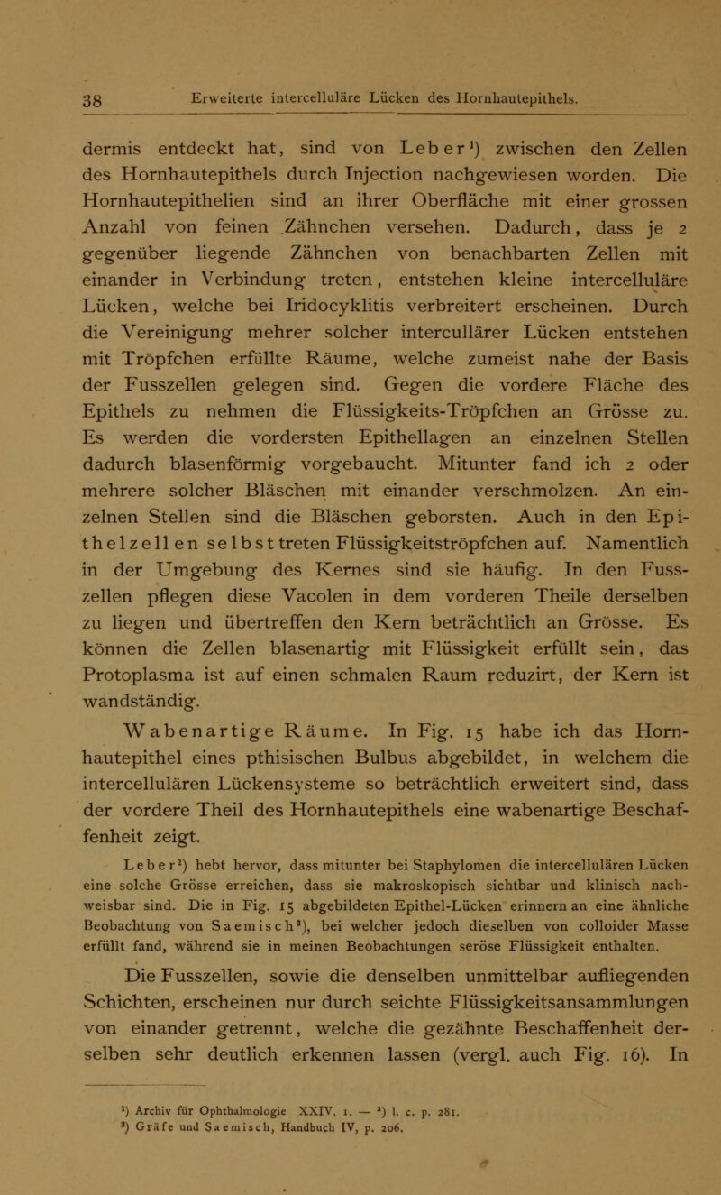 dermis entdeckt hat, sind von Leber1) zwischen den Zellen des Hornhautepithels durch Injection nachgewiesen worden. Die Hornhautepithelien sind an ihrer Oberfläche mit einer grossen Anzahl von feinen .Zähnchen versehen. Dadurch, dass je 2 gegenüber liegende Zähnchen von benachbarten Zellen mit einander in Verbindung treten, entstehen kleine intercelluläre Lücken, welche bei Iridocyklitis verbreitert erscheinen. Durch die Vereinigung mehrer solcher intercullärer Lücken entstehen mit Tröpfchen erfüllte Räume, welche zumeist nahe der Basis der Fusszellen gelegen sind. Gegen die vordere Fläche des Epithels zu nehmen die Flüssigkeits-Tröpfchen an Grösse zu. Es werden die vordersten Epithellagen an einzelnen Stellen dadurch blasenförmig vorgebaucht. Mitunter fand ich 2 oder mehrere solcher Bläschen mit einander verschmolzen. An ein- zelnen Stellen sind die Bläschen geborsten. Auch in den Epi- thelzellen selbst treten Flüssigkeitströpfchen auf. Namentlich in der Umgebung des Kernes sind sie häufig. In den Fuss- zellen pflegen diese Vacolen in dem vorderen Theile derselben zu liegen und übertreffen den Kern beträchtlich an Grösse. Es können die Zellen blasenartig mit Flüssigkeit erfüllt sein, das Protoplasma ist auf einen schmalen Raum reduzirt, der Kern ist wandständig. Wabenartige Räume. In Fig. 15 habe ich das Horn- hautepithel eines pthisischen Bulbus abgebildet, in welchem die intercellulären Lückensysteme so beträchtlich erweitert sind, dass der vordere Theil des Hornhautepithels eine wabenartige Beschaf- fenheit zeigt. Leber2) hebt hervor, dass mitunter bei Staphylomen die intercellulären Lücken eine solche Grösse erreichen, dass sie makroskopisch sichtbar und klinisch nach- weisbar sind. Die in Fig. 15 abgebildeten Epithel-Lücken erinnern an eine ähnliche Beobachtung von Saemisch3), bei welcher jedoch dieselben von colloider Masse erfüllt fand, während sie in meinen Beobachtungen seröse Flüssigkeit enthalten. Die Fusszellen, sowie die denselben unmittelbar aufliegenden Schichten, erscheinen nur durch seichte Flüssigkeitsansammlungen von einander getrennt, welche die gezähnte Beschaffenheit der- selben sehr deutlich erkennen lassen (vergl. auch Fig. 16). In v) Archiv für Ophthalmologie XXIV. i. — a) 1. c. p. 281. 3) Gräfe und Saemisch, Handbuch IV, p. 206.