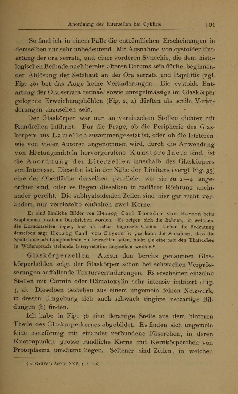 So fand ich in einem Falle die entzündlichen Erscheinungen in demselben nur sehr unbedeutend. Mit Ausnahme von cystoider Ent- artung der ora serrata, und einer vorderen Synechie, die dem histo- logischen Befunde nach bereits älteren Datums sein dürfte, beginnen- der Ablösung der Netzhaut an der Ora serrata und Papillitis (vgl. Fig. 46) bot das Auge keine Veränderungen. Die cystoide Ent- artung der Ora serrata retinae, sowie unregelmässige im Glaskörper gelegene Erweichungshöhlen (Fig. 2, a) dürften als senile Verän- derungen anzusehen sein. Der Glaskörper war nur an vereinzelten Stellen dichter mit Rundzellen infiltrirt. Für die Frage, ob die Peripherie des Glas- körpers aus Lamellen zusammengesetzt ist, oder ob die letzteren, wie von vielen Autoren angenommen wird, durch die Anwendung von Härtungsmitteln hervorgerufene Kunstproducte sind, ist die Anordnung der Eiterzellen innerhalb des Glaskörpers von Interesse. Dieselbe ist in der Nähe der Limitans (vergl. Fig. 35) eine der Oberfläche derselben parallele, wo sie zu 2—4 ange- ordnet sind, oder es liegen dieselben in radiärer Richtung anein- ander gereiht. Die subhyaloidealen Zellen sind hier gar nicht ver- ändert, nur vereinzelte enthalten zwei Kerne. Es sind ähnliche Bilder von Herzog Carl Theodor von Bayern beim Staphyloma posticum beschrieben worden. Es zeigen sich die Bahnen, in welchen die Exsudatzellen liegen, hier als scharf begrenzte Canäle. Ueber die Bedeutung desselben sagt Herzog Carl von Bayern1): „es kann die Annahme, dass die Spalträume als Lymphbahnen zu betrachten seien, nicht als eine mit den Thatsachen in Widerspruch stehende Interpretation angesehen werden. Glaskörperzellen. Ausser den bereits genannten Glas- körperhöhlen zeigt der Glaskörper schon bei schwachen Vergrös- serungen auffallende Texturveränderungen. Es erscheinen einzelne Stellen mit Carmin oder Hämatoxylin sehr intensiv imbibirt (Fig. 3, a). Dieselben bestehen aus einem ungemein feinen Netzwerk, in dessen Umgebung sich auch schwach tingirte netzartige Bil- dungen (b) finden. Ich habe in Fig. 36 eine derartige Stelle aus dem hinteren Theile des Glaskörperkernes abgebildet. Es finden sich ungemein feine netzförmig mit einander verbundene Fäserchen, in deren Knotenpunkte grosse rundliche Kerne mit Kernkörperchen von Protoplasma umsäumt liegen. Seltener sind Zellen, in welchen !) v. Gräfc's Archiv, XXV, 3, p. 156.