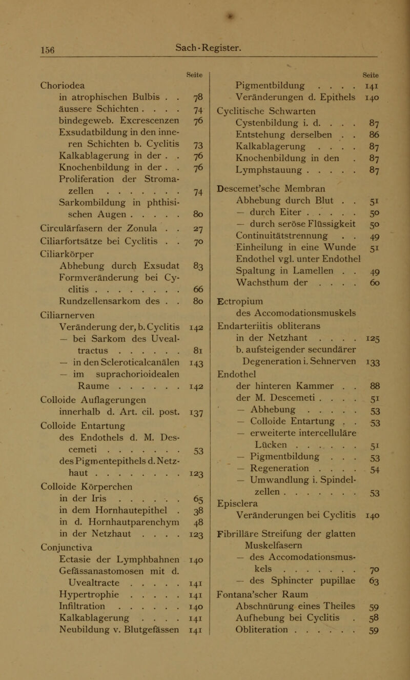 Seite Choriodea in atrophischen Bulbis . . 78 äussere Schichten .... 74 bindegeweb. Excrescenzen 76 Exsudatbildung in den inne- ren Schichten b. Cyclitis 73 Kalkablagerung in der . . 76 Knochenbildung in der . . 76 Proliferation der Stroma- zellen 74 Sarkombildung in phthisi- schen Augen 80 Circulärfasern der Zonula . . 27 Ciliarfortsätze bei Cyclitis . . 70 Ciliarkörper Abhebung durch Exsudat 83 Formveränderung bei Cy- clitis 66 Rundzellensarkom des . . 80 Ciliarnerven Veränderung der, b. Cyclitis 142 — bei Sarkom des Uveal- tractus 81 — in den Scleroticalcanälen 143 — im suprachorioidealen Räume 142 Colloide Auflagerungen innerhalb d. Art. eil. post. 137 Colloide Entartung des Endothels d. M. Des- cemet 53 des Pigmentepithels d. Netz- haut 123 Colloide Körperchen in der Iris ...... 65 in dem Hornhautepithel . 38 in d. Hornhautparenchym 48 in der Netzhaut .... 123 Conjunctiva Ectasie der Lymphbahnen 140 Gefässanastomosen mit d. Uvealtracte 141 Hypertrophie 141 Infiltration 140 Kalkablagerung .... 141 Neubildung v. Blutgefässen 141 Seite Pigmentbildung .... 141 Veränderungen d. Epithels 140 Cyclitische Schwarten Cystenbildung i. d. . . . 87 Entstehung derselben . . 86 Kalkablagerung .... 87 Knochenbildung in den . 87 Lymphstauung 87 Descemet'sche Membran Abhebung durch Blut . . 51 — durch Eiter 50 — durch seröse Flüssigkeit 50 Continuitätstrennung . . 49 Einheilung in eine Wunde 51 Endothel vgl. unter Endothel Spaltung in Lamellen . . 49 Wachsthum der .... 60 Ectropium des Accomodationsmuskels Endarteriitis obliterans in der Netzhant . . . . b. aufsteigender seeundärer Degeneration i. Sehnerven Endothel der hinteren Kammer . der M. Descemet! . . . — Abhebung .... — Colloide Entartung . — erweiterte intercelluläre Lücken — Pigmentbildung . . — Regeneration . . . — Umwandlung i. Spindel zellen Episclera Veränderungen bei Cyclitis 125 133 88 5i 53 53 51 53 54 53 140 Fibrilläre Streifung der glatten Muskelfasern — des Accomodationsmus- kels 70 — des Sphincter pupillae 63 Fontana'scher Raum Abschnürung eines Theiles 59 Aufhebung bei Cyclitis . 58 Obliteration 59