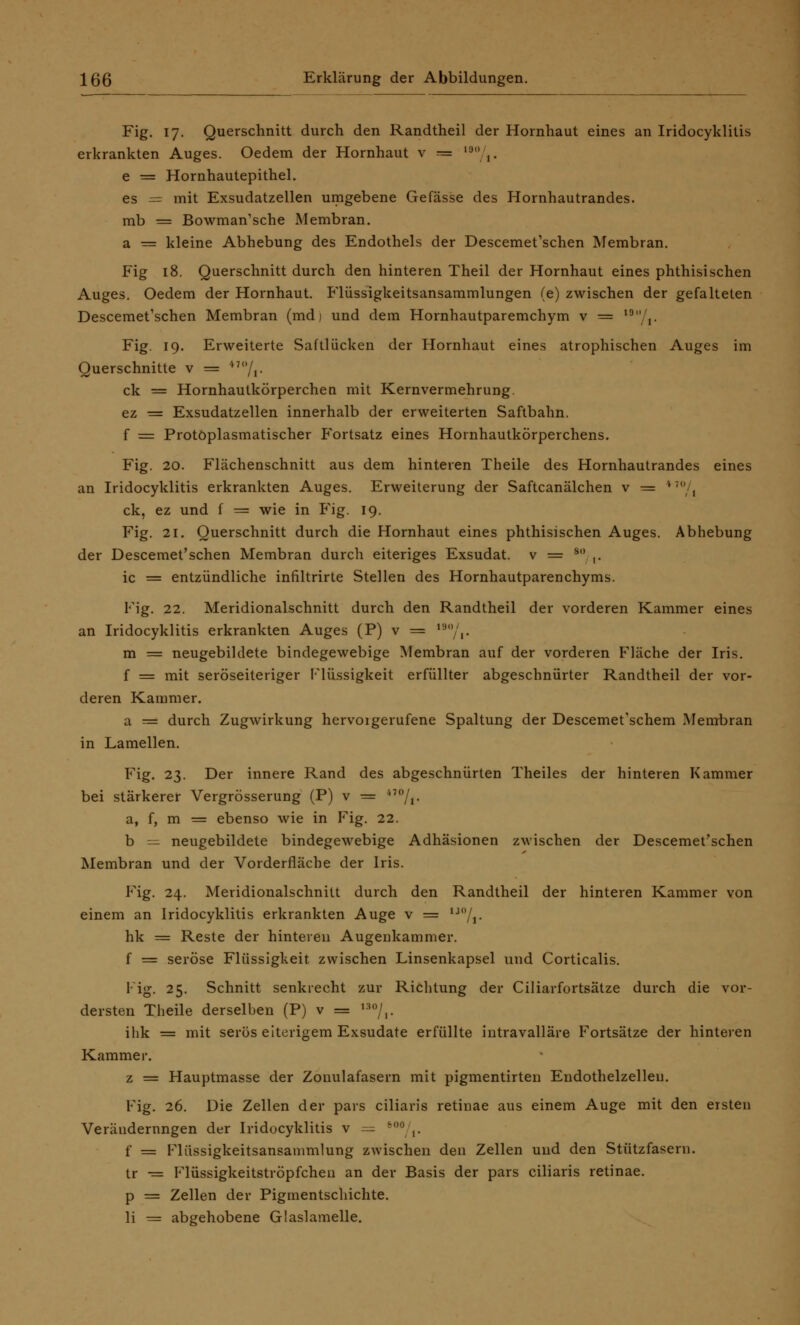 Fig. 17. Querschnitt durch den Randtheil der Hornhaut eines an Iridocyklitis erkrankten Auges. Oedem der Hornhaut v = l:> (i e = Horahautepithel. es — mit Exsudatzellen umgebene Gefässe des Hornhautrandes, mb = Bowman'sche Membran, a = kleine Abhebung des Endothels der Descemet'schen Membran. Fig 18. Querschnitt durch den hinteren Theil der Hornhaut eines phthisischen Auges. Oedem der Hornhaut. Flüssigkeitsansammlungen (e) zwischen der gefalteten Descemet'schen Membran (md i und dem Hornhautparemchym v = 19/j. Fig. 19. Erweiterte Saftlücken der Hornhaut eines atrophischen Auges im Querschnitte v = /,. ck as Hornhautkörperchen mit Kernvermehrung. ez = Exsudatzellen innerhalb der erweiterten Saftbahn. f = Protöplasmatischer Fortsatz eines Hornhautkörperchens. Fig. 20. Flächenschnitt aus dem hinteren Theile des Hornhautrandes eines an Iridocyklitis erkrankten Auges. Erweiterung der Saftcanälchen v = ';i , ck, ez und f = wie in Fig. 19. Fig. 21. Querschnitt durch die Hornhaut eines phthisischen Auges. Abhebung der Descemet'schen Membran durch eiteriges Exsudat, v = 80 ,. ic aas entzündliche infiltrirte Stellen des Hornhautparenchyms. Fig. 22. Meridionalschnitt durch den Randtheil der vorderen Kammer eines an Iridocyklitis erkrankten Auges (P) v = I9° ,. m = neugebildete bindegewebige Membran auf der vorderen Fläche der Iris. f = mit seröseiteriger Flüssigkeit erfüllter abgeschnürter Randtheil der vor- deren Kammer. a =aa durch Zugwirkung hervoigerufene Spaltung der Descemet'schem Membran in Lamellen. Fig. 23. Der innere Rand des abgeschnürten Theiles der hinteren Kammer bei stärkerer Vergrösserung (P) v = *70/,. a, f, m = ebenso wie in Fig. 22. b — neugebildete bindegewebige Adhäsionen zwischen der Descemet'schen Membran und der Vorderfläche der Iris. Fig. 24. Meridionalschnitt durch den Randtheil der hinteren Kammer von einem an Iridocyklitis erkrankten Auge v = u°/,. hk aas Reste der hinteren Augenkammer, f = seröse Flüssigkeit zwischen Linsenkapsel und Corticalis. Fig. 25. Schnitt senkrecht zur Richtung der Ciliarfortsätze durch die vor- dersten Theile derselben (P) v = »»•/,. ihk = mit serös eiterigem Exsudate erfüllte intravalläre Fortsätze der hinteren Kammer. z = Hauptmasse der Zonulafasern mit pigmentirten Endothelzelleu. Fig. 26. Die Zellen der pars ciliaris retinae aus einem Auge mit den ersten Veräudernngen der Iridocyklitis v = f = Flüssigkeitsansammlung zwischen den Zellen und den Stützfasern, tr -ss Flüssigkeitströpfcheu an der Basis der pars ciliaris retinae, p = Zellen der Pigmentschichte.