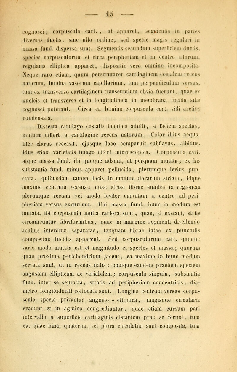 oogiiosci; corpuscula cart. , ul apjjaiet, segwienlib iii paiie.s divei-sas ductis, sine ullo ordinc, sed specie niagis regulari iu niassa fund. dispersa sunt. Segmenlis secundum superficieni duclis, species corpusculorum et circa peripheriam el in centro sitorum, regularis elliptica apparet, dispositio vero omnino incomposita. Neque raro eliam, quum perscrutarer cartilaginem costalem recens uatorum, lumiua vasorum capillarium, tum perpendiculum versus, tura ex transverso cartilaginem transeunlium obvia fuerunl, quac ex uucleis et transverse el in longiludinem in membrana lucida siiis oognosci poterant. Circa ca lumina corpuscula cari. vidi arctins condeusata. Dissecta cartilago costalis hominis aduUi, si faciem spcctas, multum differt a cartilagine recens natorum. Color illius aequa- liter clarus recessit, ejusque loco comparuit subflavus, albidus. PIus etiaui varietatis imago oflert microscopica. Corpuscula cari. atque massa fund. ibi quoque adsunt, at perquam mutata; ex his substantia fund. minus apparet pellucida, plerumque levius pun- ctata, quibusdam tamen locis in modum librarum striaia, idque maxime centrura versus; quae striae fibrae sirailes ih regionem pleruraque rectam vel raodo leviter curvatara a centro ad peri- pheriam versus excurrunt. Ubi raassa fund. huoc in raodura est rautata, ibi corpuscula raulta rariora sunt , quae, si exstant, striis circiiraeuntur fibriforraibus, quae in raargine segmenti divellendo acubus interdura separaiae, tanquara fibrae latae ex punctulis compositae lucidis apparent. Sed corpusculorum cart. quoquc vario modo mutata est et magnitudo et species et massa; quorum quae proxirae. perichondriuni jacent, ea uiaxime in hunc modum servata suntj ut in recens natis : namque eaudem praebent speciem angustam ellipticam ac variabilera; corpuscula singula, substantia fund. inter se sejuncta, stratis ad peripheriam concentricis, dia- raetro longitudinali collocata sunt. Longius centrum versus corpu- scula specie privantur angusto - eliiptica, magisque circularja evadunt , et in agmina congrediuntur, quae etiam cursum pari intervallo a superficie cartilaginis distantera prae se feruni, tum ea, quae bina, quaterna, vel plura circulatira sunt composiia, tum