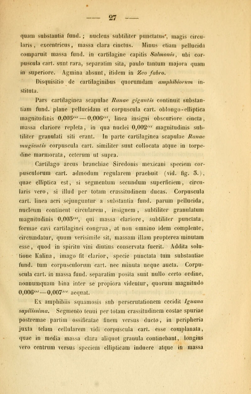 quani suhstantia fund. ; nucleus snbtilitcr pnnctalns', magis rircii- laris, cxccntricus, niassa clara cinctus. Minns eliani pellucida comparuit massa fund. in carlilaginc capilis Salmojiis, ubi cor- puscula cart. sunt rara, scparatim sila, paulo tantum niajora quam in superiorc. Agmina absunt, itidcm in Zeo fabro. Disquisitio dc cartilaginibus qnorumdam amphihioruvi in- stituta. Pars cartilaginca scapulac Runae g^iganUs conlinuit substan- tiam fund. plane pellucidam ct corpuscula cart. oblongo-clliptica inagnitndinis 0,005' — 0,006', linca insigni obscuriore cincta, massa clariorc replcla, in qua nuclei 0,002' magnitudinis sub- lililer granulali siti crant. In partc cartilaginca scapulac Ranae mugientis corpuscula cart. simililer sunt collocala atque in torpe- dinc marmorata, cclcrum ut supra. Carlilago arcus branchiae Siredonis mcxicani spcciem cor- pusculorum cart. adinodum regularcm pracbuit (vid. fig. 5.), quae elliptica est, si scgmentum secundum supcrficiem, circii- laris vero, si illud per totam crassitudinem ducas. Corpuscula cart. linea acri sejunguntur a substantia fund. paruin pellucida, nuclcum contincnt circularcm, insignem, snbtiliter grannlalum inagnitudinis 0,003', qui massa clariore, subtiliter punctata, formae cavi cartilaginci congrua, at non omnino idem complente, circumdatur, quura verisimile sit, massam illam propterea minutam essc, quod in spiritu vini diulius conscrvata fuerit. Addita solu- tionc Kalina, imago fit clarior, specie punclata tum suhslantiac fund. tum corpusculorum cart. nec minuta neque aucla. Corpu- scula cart. in massa fund. separatim posita suiit nullo certo ordinc, nonnumquam bina inter se propiora vidcntur, quorura magnitudo 0,006'—0,007' acquat. Ex amphibiis squamosis snb perscrutationem cccidil Iguana sapilissima. Scgnienlo lenui pcr totam crassitudincm coslae spuriae postreraae partim ossificatae fincm versus ducto, in peripheria juxta telam cellularem vidi corpuscula cart. esse complanata, quac in media massa clara aliquot granula contincbant, longius vero centrum versus speciem ellipticara inducrc atque in raassa