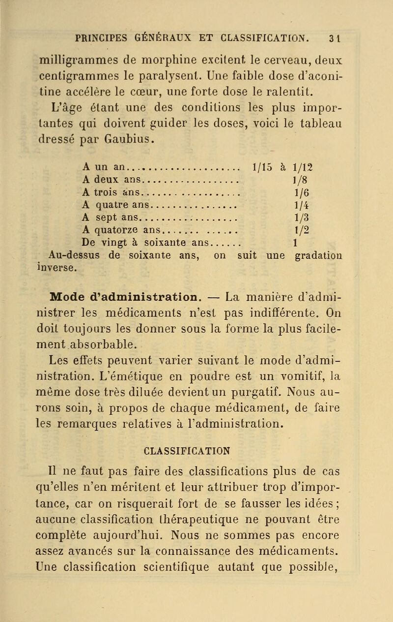 milligrammes de morphine excitent le cerveau, deux centigrammes le paralysent. Une faible dose d'aconi- tine accélère le cœur, une forte dose le ralentit. L'âge étant une des conditions les plus impor- tantes qui doivent guider les doses, voici le tableau dressé par Gaubius. A un an 1/15 à 1/12 A deux ans 1/8 A trois ans 1/6 A quatre ans 1/4 A sept ans 1/3 A quatorze ans 1/2 De vingt à soixante ans 1 Au-dessus de soixante ans, on suit une gradation inverse. Mode d^admînistration. — La manière d'admi- nistrer les médicaments n'est pas indifférente. On doit toujours les donner sous la forme la plus facile- ment absorbable. Les effets peuvent varier suivant le mode d'admi- nistration. L'émétique en poudre est un vomitif, la môme dose très diluée devient un purgatif. Nous au- rons soin, à propos de chaque médicament, de faire les remarques relatives à l'administration. CLASSIFICATION Il ne faut pas faire des classifications plus de cas qu'elles n'en méritent et leur attribuer trop d'impor- tance, car on risquerait fort de se fausser les idées ; aucune classification thérapeutique ne pouvant être complète aujourd'hui. Nous ne sommes pas encore assez avancés sur la connaissance des médicaments. Une classification scientifique autant que possible.