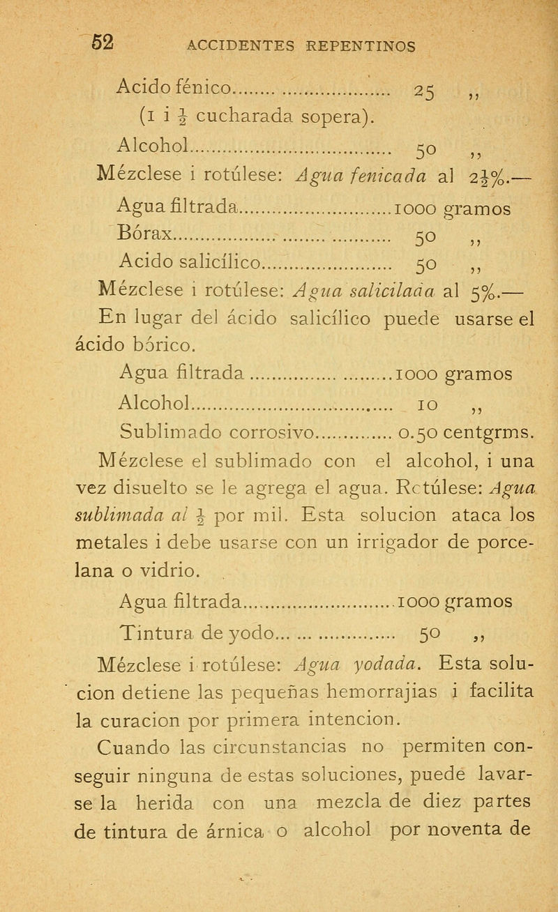 J ? 5: 52 ACCIDENTES REPENTINOS Acido fénico 25 (1 i i cucharada sopera). Alcohol 50 Mézclese i rotúlese: Agua fénica da al 2j%.— Agua filtrada 1000 gramos Bórax 50 ,, Acido salicílico 50 „ Mézclese i rotúlese: Agua salicilaaa al 5%.— En lugar del ácido salicílico puede usarse el ácido bórico. Agua filtrada 1000 gramos Alcohol 10 „ Sublimado corrosivo 0.50 centgrms. Mézclese el sublimado con el alcohol, i una vez disuelto se le agrega el agua. Rctúlese: Agua sublimada al \ por mil. Esta solución ataca los metales i debe usarse con un irrigador de porce- lana o vidrio. Agua filtrada 1000 gramos Tintura de yodo 5o >? Mézclese i rotúlese: Agua yodada. Esta solu- ción detiene las pequeñas hemorrajias i facilita la curación por primera intención. Cuando las circunstancias no permiten con- seguir ninguna de estas soluciones, puede lavar- se la herida con una mezcla de diez partes de tintura de árnica o alcohol por noventa de