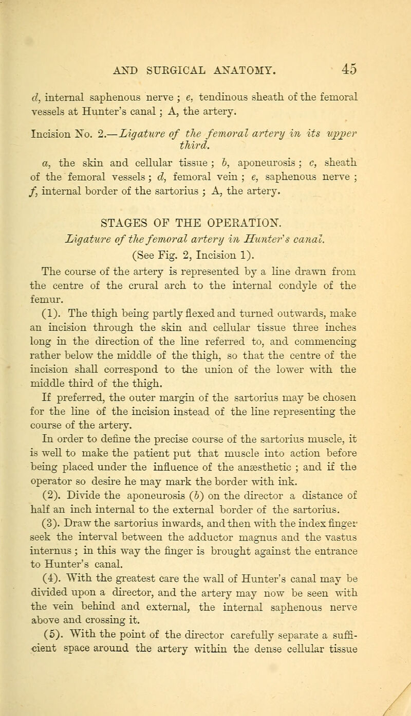d, internal saphenous nerve ; e, tendinous sheath of the femoral vessels at Hunter's canal; A, the artery. Incision ISTo. 2.—Ligature of the femoral artery in its ^ipi^er third. a, the skin and cellular tissue; 6, aponeurosis; c, sheath of the femoral vessels; d, femoral vein ; e, saphenous nerve ; /, internal border of the sartorius ; A, the artery. STAGES OF THE OPERATION. Ligature of the femoral artery i?i Hunter's canal. (See Fig. 2, Incision 1). The course of the artery is represented by a line drawn from the centre of the crural arch to the iaternal condyle of the femur. (1). The thigh being partly flexed and turned outwards, make an incision thi'ough the skin and cellular tissue three inches long in the direction of the line refeiTed to, and commencing rather below the middle of the thigh, so that the centre of the incision shaU correspond to the union of the lower with the middle third of the thigh. If preferred, the outer margin of the sartorius may be chosen for the line of the incision instead of the line representing the course of the artery. In order to define the precise course of the sartorius muscle, it is well to make the patient put that muscle into action before being placed under the influence of the anaesthetic ; and if the operator so desire he may mark the border with ink. (2). Divide the aponeurosis (&) on the director a distance of half an inch internal to the external border of the sartorius. (3). Draw the sartorius inwards, and then with the index finger seek the interval between the adductor magnus and the vastus internus ; in this way the finger is brought against the entrance to Hunter's canal. (4). With the greatest care the wall of Hunter's canal may be divided upon a director, and the artery may now be seen with the vein behind and external, the internal saphenous nerve above and crossing it. (5). With the point of the director carefully separate a suffi- cient space around the artery within the dense cellular tissue
