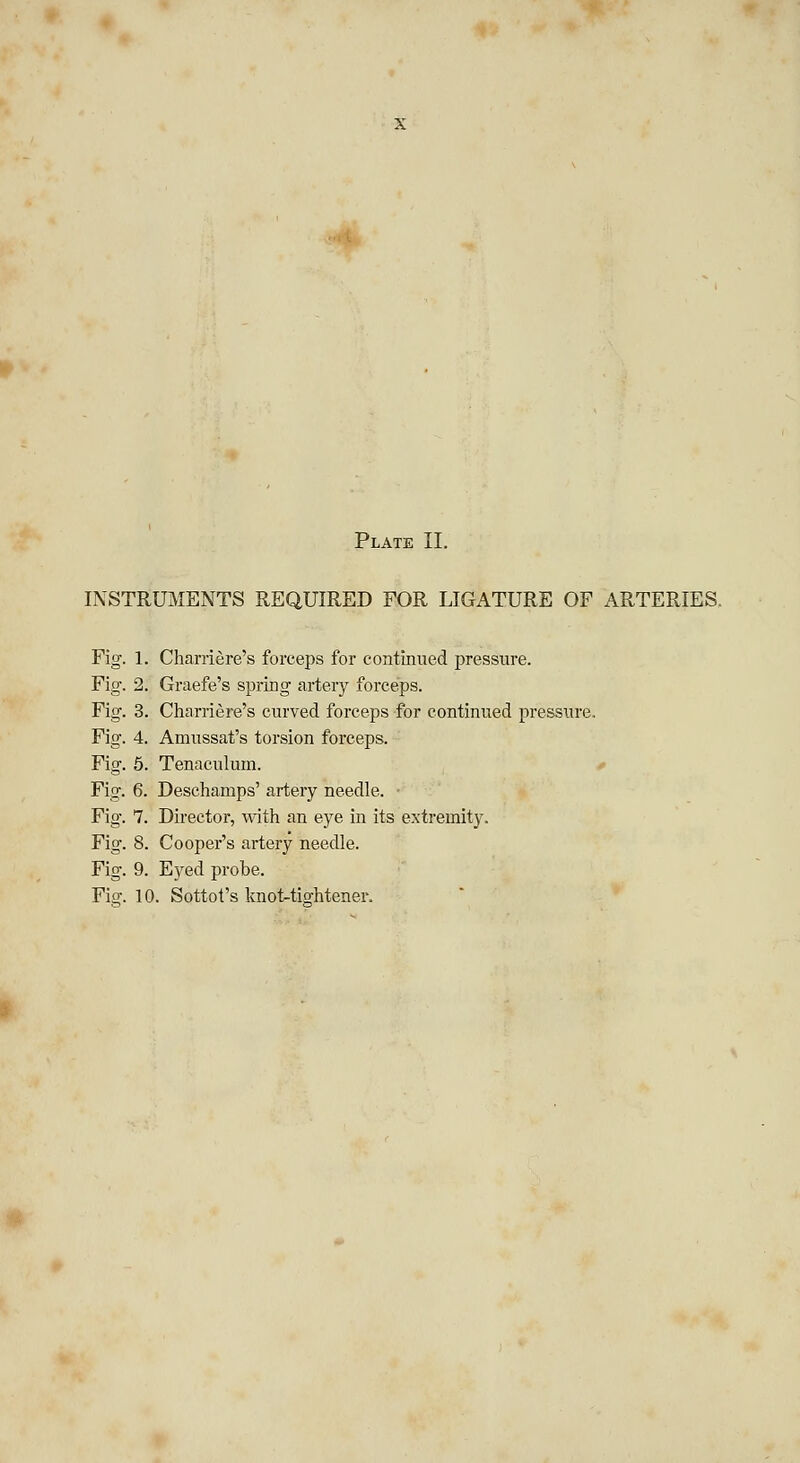 INSTRUMENTS REQUIRED FOR LIGATURE OF ARTERIES Fig. 1. Charriere's forceps for continued pressure. Fig. 2. Graefe's spring artery forceps. Fig. 3. Charriere's curved forceps for continued pressure. Fig. 4. Amussat's torsion forceps. Fig. 5. Tenaculum. Fig. 6. Deschamps' artery needle. Fig-. 7. Director, with an eye in its extremity. Fig. 8. Cooper's artery needle. Fig. 9. Eyed probe. Fiff. 10. Sottot's knot-tightener.