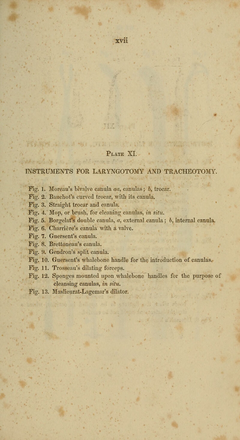 Plate XI. INSTRUMENTS FOR LARYNGOTOMY AND TRACHEOTOMY. Fig. 1. Moreau's bivalve canula aa, canulas; b, trocar. Fig. 2. Bauchot's curved trocar, with its canula. Fig. 3. Straight trocar and canula. Fig. 4. Mop, or brush, for cleaning canulas, in situ. Fig. 5. Borgelat's double canula, a, external canula; b, internal canula. Fig. 6. Charriere's canula with a valve. Fig. 7. Guersent's canula. Fig. 8. Brettoneau's canula. Fig. 9. Gendron's split canula. Fig. 10. Guersent's whalebone handle for the introduction of canulas.- Fig. 11. Trosseau's dilating forceps. Fig. 12. Sponges mounted upon whalebone handles for the purpose of cleansing canulas, in situ. Fig. 13. Maslieurat-Lagemar's dilator.