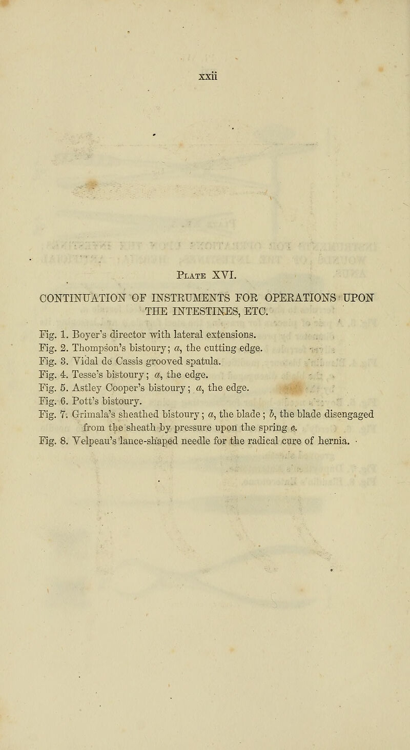 Plate XVI. CONTINUATION OF INSTRUMENTS FOE OPERATIONS UPON THE INTESTINES, ETC. Fig. 1. Boyer's director with, lateral extensions. Fig. 2. Thompson's bistoury; «, the cutting edge. Fig. 3. Tidal de Cassis grooved spatula. Fig. 4. Tesse's bistoury; «, the edge. Fig. 5. Astley Cooper's bistoury; a, the edge. Fig. 6. Pott's bistoury. Fig. 7: Grimala's sheathed bistoury; a, the blade; 5, the blade disengaged from the sheath by pressure upon the spring o. Fig. 8. Velpeau's lance-shaped needle for the radical cure of hernia. ■