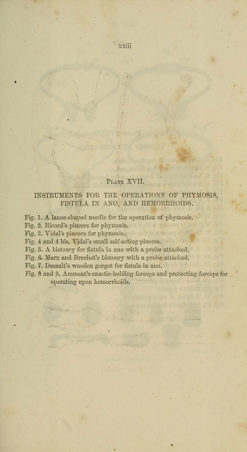 sxni Plate XVII. INSTRUMENTS FOR THE OPERATIONS OF PHYMOSIS, FISTULA IN ANO, AND HEMORRHOIDS. Fig. 1, A lance-shaped needle for the operation of phymosis. Fig. 2. Ricord's pincers for phymosis. Fig. 3. Vidal's pincers for phymosis. Fig. 4 and 4 bis. Vidal's small self-acting pincers. Fig. 5. A bistoury for fistula in ano with a probe attached. Fig. 6. Marx and Brechet's bistoury with a probe attached. Fig. 7. Desault's wooden gorget for fistula in ano. Fig. 8 and 9. Amussat's caustic-holding forceps and protecting forceps for operating upon hemorrhoids.