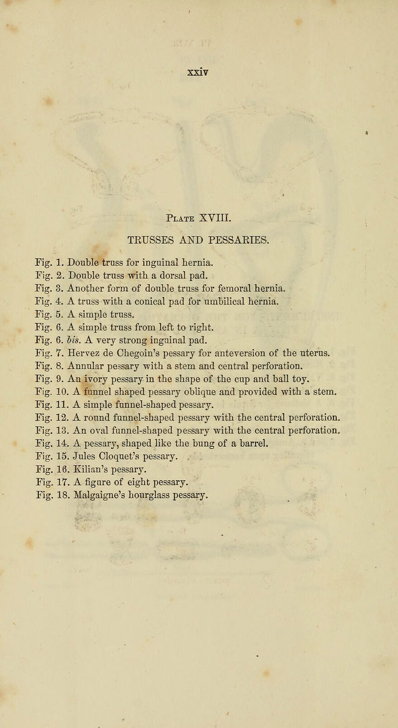 XXIV Plate XVIII. TRUSSES AND PESSAEIES. Fig. 1. Double truss for iDguinal hernia. Fig. 2. Double truss with a dorsal pad. Fig. 3. Another form of double truss for femoral hernia. Fig. 4. A truss with a conical pad for umbilical hernia. Fig. 5. A simple truss. Fig. 6. A simple truss from left to right. Fig. 6. bis. A very strong inguinal pad. Fig. 7. Hervez de Chegoin's pessary for anteversion of the uterus-. Fig. 8. Annular pessary with a stem and central perforation. Fig. 9. An ivory pessary in the shape of the cup and ball toy. Fig. 10. A funnel shaped pessary oblique and provided with a stem. Fig. 11. A simple funnel-shaped pessary. Fig. 12. A round funnel-shaped pessary with the central perforation. Fig. 13. An oval funnel-shaped pessary with the central perforation. Fig. 14. A pessary, shaped like the bung of a barrel. Fig. 15. Jules Oloquet's pessary. . Fig. 16. Kalian's pessary. Fig. 17. A figure of eight pessary. Fig. 18. Malgaigne's hourglass pessary.