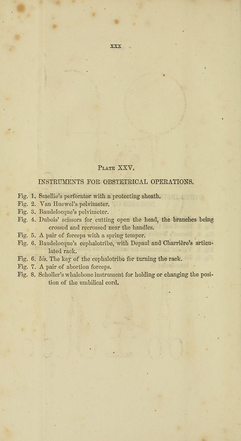 Plate XXV. INSTRUMENTS FOR OBSTETRICAL OPERATIONS. Fig. 1. Smellie's perforator with a protecting sheath. Fig. 2. Van Huewel's pelvimeter. Fig. 3. Baudelocque's pelvimeter. Fig. 4. Dubois' scissors for cutting open the head, the branches being crossed and recrossed near the handles. Fig. 5. A pair of forceps with a spring temper. Fig. 6. Baudelocque's cephalotribe, with Depaul and CharriSre's articu- lated rack. Fig. 6. Ms. The key of the cephalotribe for turning the rack. Fig. 7. A pair of abortion forceps. Fig. 8. Scholler's whalebone instrument for holding or changing the posi- tion of the umbilical cord.