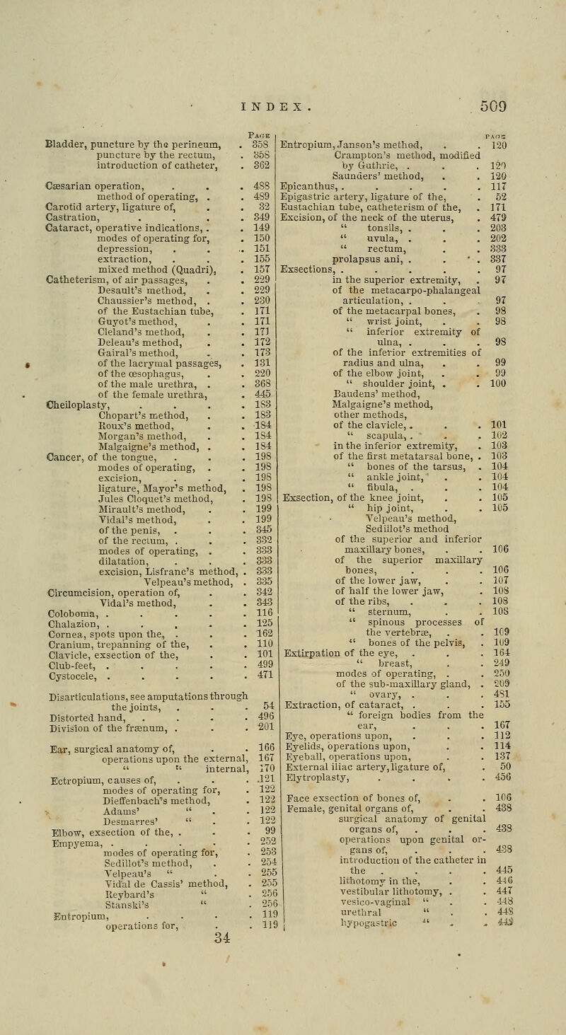 Page Bladder, puncture by the perineum, . 35S puncture by the rectum, . 358 introduction of catheter, . 3G2 Caesarian operation, . . . 4SS method of operating, . . 4S9 Carotid artery, ligature of, . . 32 Castration, .... 349 Cataract, operative indications, . . 149 modes of operating for, . 150 depression, . . .. 151 extraction, . . . 155 mixed method (Quadri), . 15T Catheterism, of air passages, . . 229 Desault's method, . . 229 Chaussier's method, . . 230 of the Eustachian tube, . 171 Guyot's method, . . 171 Cleland's method, . . 171 Deleau's method, . . 172 G-airal's method, . . 173 of the lacrymal passages, . 131 of the oesophagus, . . 220 of the male urethra, . . 36S of the female urethra, . 445 Cheiloplasty, .... 183 Chopart's method, . . 1S3 Roux's method, . . 184 Morgan's method, . . 184 Malgaigne's method, . . 1S4 Cancer, of the tongue, . . . 198 modes of operating, . . 198 excision, . . . 19S ligature, Mayor's method, . 193 Jules Cloquet's method, . 198 Mirault's method, . . 199 Vidal's method, . .199 of the penis, . . .345 of the reciuni, . . .332 modes of operating, . . 333 dilatation, . . . 333 excision, Lisfranc's method, . 333 Velpeau's method, . 335 Circumcision, operation of, . . 342 Vidal's method, . . 343 Coloboma, ..... 116 Chalazion, . . . . .125 Cornea, spots upon the, . . . 162 Cranium, trepanning of the, . . 110 Clavicle, exsection of the, . . 101 Club-feet, 499 Cystocele, ..... 471 Disarticulatious, see amputations through the joints, . . .54 Distorted hand, . . . .496 Division of the frEenum, . . . 201 Ear, surgical anatomy of, . . 166 operations upon the external, 167 internal, 170 Ectropium, causes of, . . . .121 modes of operating for, . 122 Dieffenbach's method, . 122 Adams' . . 122 Desmarres' . . 122 Elbow, exsection of the, . . 99 Empyema, . 252 modes of operating for, . 253 Sedillot's method, . . 254 Velpeau's . . 255 Vid'al de Cassis' method, . 255 Reybard's . 256 Stanski's . 256 Entropium, .... 119 operations for, . .119 34 Entropium, Janson's method, . . 120 Crampton's method, modified by Guthrie, . . .121 Saunders' method, . . 120 Epicanthus, ..... 117 Epigastric artery, ligature of the, . 52 Eustachian tube, catheterism of the, . 171 Excision, of the neck of the uterus, . 479 tonsils, . . .203 uvula, . . .202 rectum, . . 833 prolapsus ani, . ■ . 337 Exsections, . . . . .97 in the superior extremity, . 97 of the metacarpophalangeal articulation, . . .97 of the metacarpal bones, . 98 wrist joint, . . 98 inferior extremity of ulna, . . . 9S of the inferior extremities of radius and ulna, . . 99 of the elbow joint, . . 99 shoulder joint, . . 100 Baudens' method, Malgaigne's method, other methods, of the clavicle, . . . 101 scapula, . . . 102 in the inferior extremity, . 103 of the first metatarsal bone, . 103 bones of the tarsus, . 104 ankle joint, . . 104 fibula, . . .104 Exsection, of the knee joint, . . 105 hip joint, . . 105 Velpeau's method, Sedillot's method of the superior and inferior maxillary bones, . . 106 of the superior maxillary bones, . . . 106 of the lower jaw, . . 107 of half the lower jaw, . 108 of the ribs, . . .108 sternum, . . 108 spinous processes of the vertebrae, . . 109 bones of the pelvis, . 109 Extirpation of the eye, . . .164 breast, . . 249 modes of operating, . . 250 of the sub-maxillary gland, . 209 ovary, . . . 481 Extraction, of cataract, . . . 155 foreign bodies from the ear, . . . 167 Eye, operations upon, . . .112 Eyelids, operations upon, . . 114 Eyeball, operations upon, . . 137 External iliac artery, ligature of, . 50 Elytroplasty, . . . .456 Face exsection of bones of, . . 106 Female, genital organs of, . . 438 surgical anatomy of genital organs of, . . . 433 operations upon genital or- gans of, . . . 438 introduction of the catheter in the . . . . 445 lithotomy in the, . .446 vestibular lithotomy, . . 447 vesico-vaginal . . 448 urethral .448 hypogastric - 44S