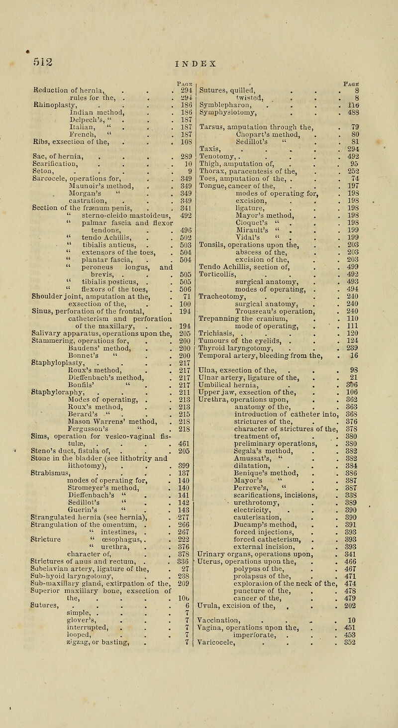 Reduction of hernia,, rules for the, . Rhinoplasty, Indian method, Delpech's, Italian, French, Ribs, exsection of the, Sac, of hernia, , Scarification, Seton, . t Sarcocele, operations for, Maunoir's method, Morgan's castration, Section of the fraenum penis, sterno-cleido mastoideus, palmar fascia and flexor tendons, tendo Achillis, tibialis anticus, extensors of the toes, plantar fascia, peroneus longus, and brevis, . , tibialis posticus, . flexors of the toes, Shoulder joint, amputation at the, exsection of the, Sinus, perforation of the frontal, catheterism and perforation of the maxillary, Salivary apparatus, operations upon the, Stammering, operations for, Baudens' method, Bonnet's Staphyloplasty, .... Roux's method, Dieffenbach's method, Bonfils' Staphyloraphy, .... Modes of operating, . Roux's method, Berard's Mason Warrens' method, Fergusson's Sims, operation for vesico-vaginal fi3- tulee, .... Steno's duct, fistula of, . Stone in the bla.dder (see lithotrity and lithotomy), Strabismus, .... modes of operating for, Stromeyer's method, Dieffenbach's Sedillot's Guerin's Strangulated hernia (see hernia), Strangulation of the omentum, . intestines, . Stricture oesophagus,. . urethra, character of, Strictures of anus and rectum, . Subclavian artery, ligature of the, Sub-hyoid laryngotomy, Sub-maxillary gland, extirpation of the, Superior maxillary bone, exsection of the, Sutures, simple, . glover's, interrupted, looped, zigzag, or basting, 294 294 183 18tj 1ST 187 1ST 108 289 10 9 349 349 349 349 341 492 496 502 503 504 504 505 505 50G ri 100 194 194 205 200 200 200 21T 217 217 217 211 213 213 215 21S 218 461 205 399 137 140 140 141 142 143 277 266 267 222 376 378 336 27 238 209 Sutures, quilled, . . .8 twisted, •, . .8 Symblepharon, .... lltj Symphysiotomy, . . . 488 Tarsus, amputation through the, . 79 Chopart's method, Sedillot's Taxis, Tenotomy, . Thigh, amputation of, Thorax, paracentesis of the, Toes, amputation of the, . Tongue, cancer of the, modes of operating for, excision, ligature, Mayor's method, Cioquet's Mirault's . Vidal's . Tonsils, operations upon the, abscess of the, excision of the, Tendo Achillis, section of, Torticollis, surgical anatomy, modes of operating, Tracheotomy, surgical anatomy, Trousseau's operation, Trepanning the cranium, mode of operating, Trichiasis, . Tumours of the eyelids, . Thyroid laryngotomy, Temporal artery, bleeding from the, Ulna, exsection of the, Ulnar artery, ligature of the, Umbilical hernia, Upper jaw, exsection of the, Urethra, operations upon, anatomy of the, introduction of catheter into, strictures of the, character of strictures of the, treatment of, preliminary operations Segala's method, Amussat's, dilatation, Benique's method, Mayor's Perreve's, scarifications, incisions ■ urethrotomy, electricity, cauterisation, Ducamp's method, forced injections, forced catheterism, external incision, Urinary organs, operations upon Uterus, operations upon the, polypus of the, prolapsus of the, exploration of the neck puncture of the, cancer of the, Uvula, excision of the, , Vaccination, Vagina, operations upon the, imperforate, Varicocele, 10 451 453 352