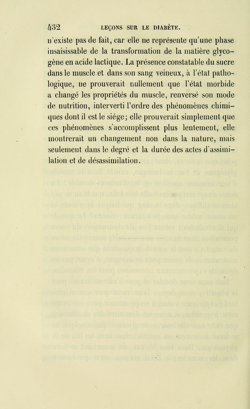 n'existe pas de fait, car elle ne représente qu'une phase insaisissable de la transformation de la matière glyco- gène en acide lactique. La présence constatable du sucre dans le muscle et dans son sang veineux, à l'état patho- logique, ne prouverait nullement que l'état morbide a changé les propriétés du muscle, renversé son mode de nutrition, interverti l'ordre des phénomènes chimi- ques dont il est le siège; elle prouverait simplement que ces phénomènes s'accomplissent plus lentement, elle montrerait un changement non dans la nature, mais seulement dans le degré et la durée des actes d'assimi- lation et de désassimilation.