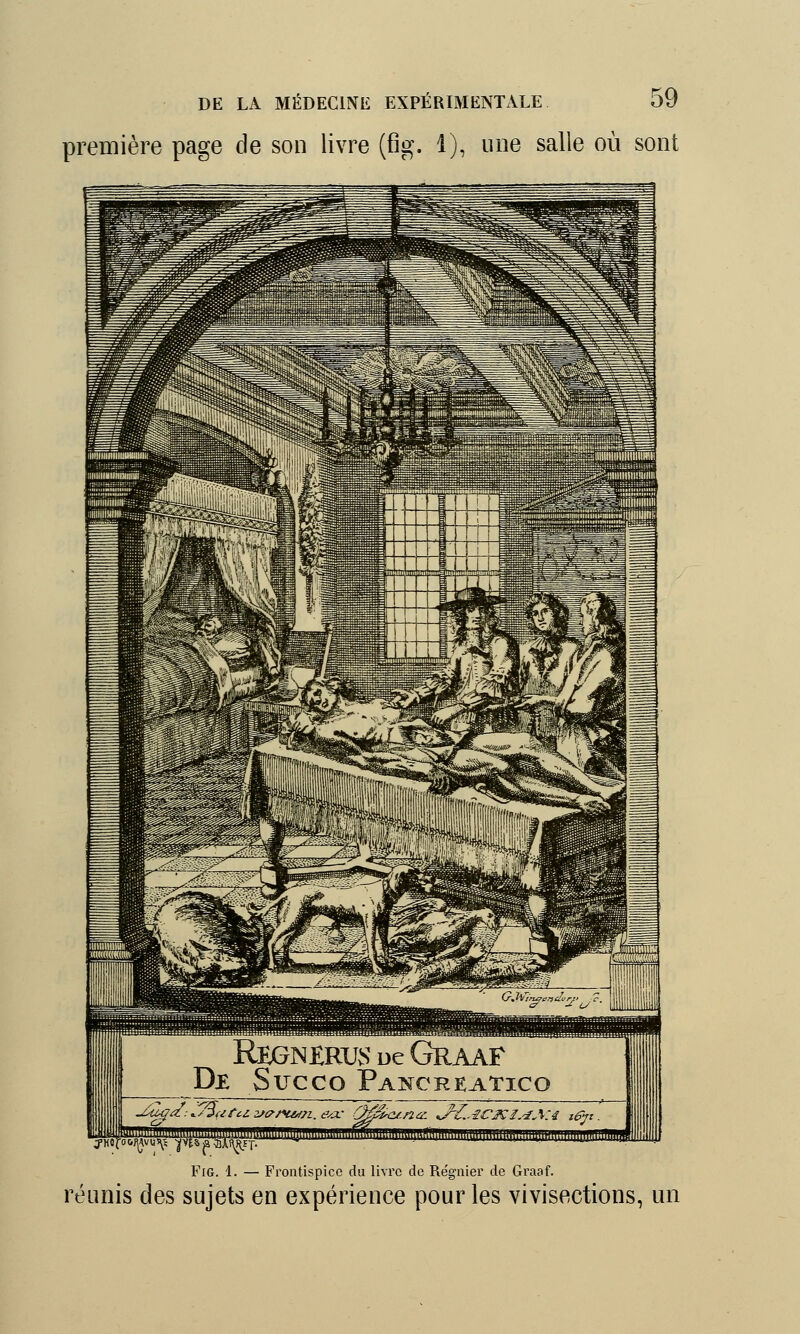 première page de son livre (fig. 1), une salle où sont IMM Fig. 1. — Frontispice du livre de Régnier de Graaf. réunis des sujets en expérience pour les vivisections, un