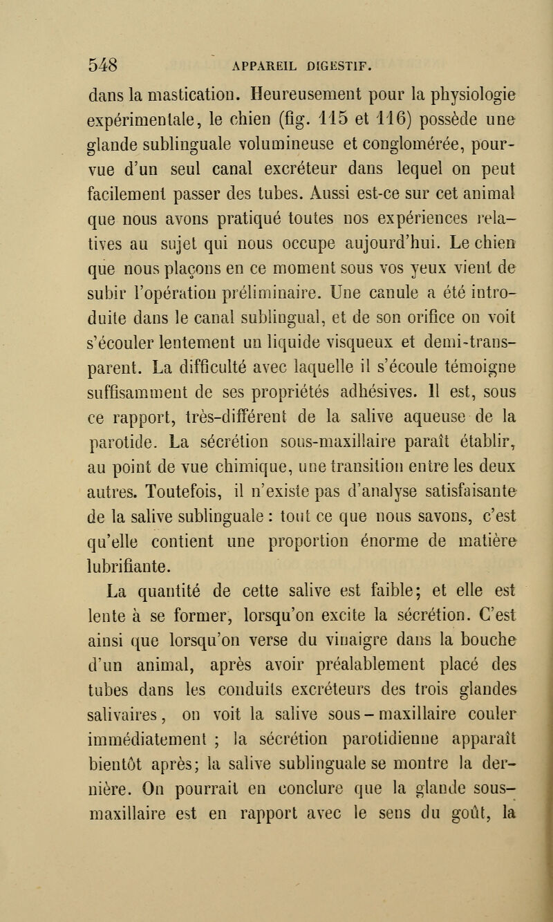 dans la mastication. Heureusement pour la physiologie expérimentale, le chien (flg. 115 et 116) possède une glande sublinguale volumineuse et conglomérée, pour- vue d'un seul canal excréteur dans lequel on peut facilement passer des tubes. Aussi est-ce sur cet animal que nous avons pratiqué toutes nos expériences rela- tives au sujet qui nous occupe aujourd'hui. Le chien que nous plaçons en ce moment sous vos yeux vient de subir l'opération préliminaire. Une canule a été intro- duite clans le canal sublingual, et de son orifice on voit s'écouler lentement un liquide visqueux et demi-trans- parent. La difficulté avec laquelle il s'écoule témoigne suffisamment de ses propriétés adhésives. 11 est, sous ce rapport, très-différent de la salive aqueuse de la parotide. La sécrétion sous-maxillaire paraît établir, au point de vue chimique, une transition entre les deux autres. Toutefois, il n'existe pas d'analyse satisfaisante de la salive sublinguale : tout ce que nous savons, c'est qu'elle contient une proportion énorme de matière lubrifiante. La quantité de cette salive est faible; et elle est lente à se former, lorsqu'on excite la sécrétion. C'est ainsi que lorsqu'on verse du vinaigre dans la bouche d'un animal, après avoir préalablement placé des tubes clans les conduits excréteurs des trois glandes salivaires, on voit la salive sous - maxillaire couler immédiatement ; la sécrétion parotidienne apparaît bientôt après; la salive sublinguale se montre la der- nière. On pourrait en conclure que la glande sous- maxillaire est en rapport avec le sens du goût, la