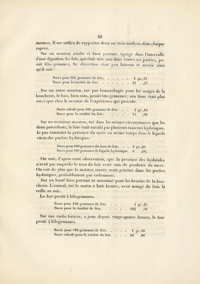 mouton. II me suffira de rapporter deux ou trois analyses dans chaque espèce. Sur uu mouton adulte et bien portant, égorgé dans l'intervalle dune digestion. Le foie, qui était très sain dans toutes ses parties, pe- sait 65o grammes. Sa décoction était peu laiteuse et sucrée ainsi qu'il suit : Sucre poiu-100 grammes de foie 1 gr. 75 Sucre pom'la totalité du foie H 37 Sur un autre mouton, tué par hémorrhagie pour les usapes de la boucherie, le foie, bien sain, pesait G20 grammes; son tissu était plus sucré que chez le mouton de l'expérience qui précède. Sucre calculé pour 100 grammes de foie. . . 2gr. ,10 Sucre pour la totalité du foie 13 02 Sur un troisième mouton, tué dans les mêmes circonstances que les deux précédents, le foie était envahi par plusieurs tumeurs hydatiques. Je pus constater la présence du sucre eu même tenips dans le liquide citrin des poches hydatiques. Sucre pour 100 grammes du tissu du foie. . . 2 gr. ,/|0 SucrepourlOOgramuies de liquide liydratiquc. 0 ,10' On voit, d'après cette observation, que la présence des hydatides n'avait pas empêché le tissu du foie resté sain de produire du sucre. On voit de plus que la matière sucrée avait pénétré dans les poches hydatiques, probablement par endosmose. Sur un boeuf bieu portant et assommé pour les besoins de la bou- cherie. L'animal, tué le matin à huit heures, avait mangé du foin la veille au soir. Le foie pesait 5 kilogrammes. Sucre pour 100 grammes du foie 3 gr.,25 Sucre pour la totalité de foie 162 50 Sur une vache laitière, à jeun depuis vingt-quatre heures, le foie pesait 4 kilogrammes. Sucre pour 100 grammes de foie 1 gr.,00 Sucre calculé pour la totalité du foie. ... 60 ,00