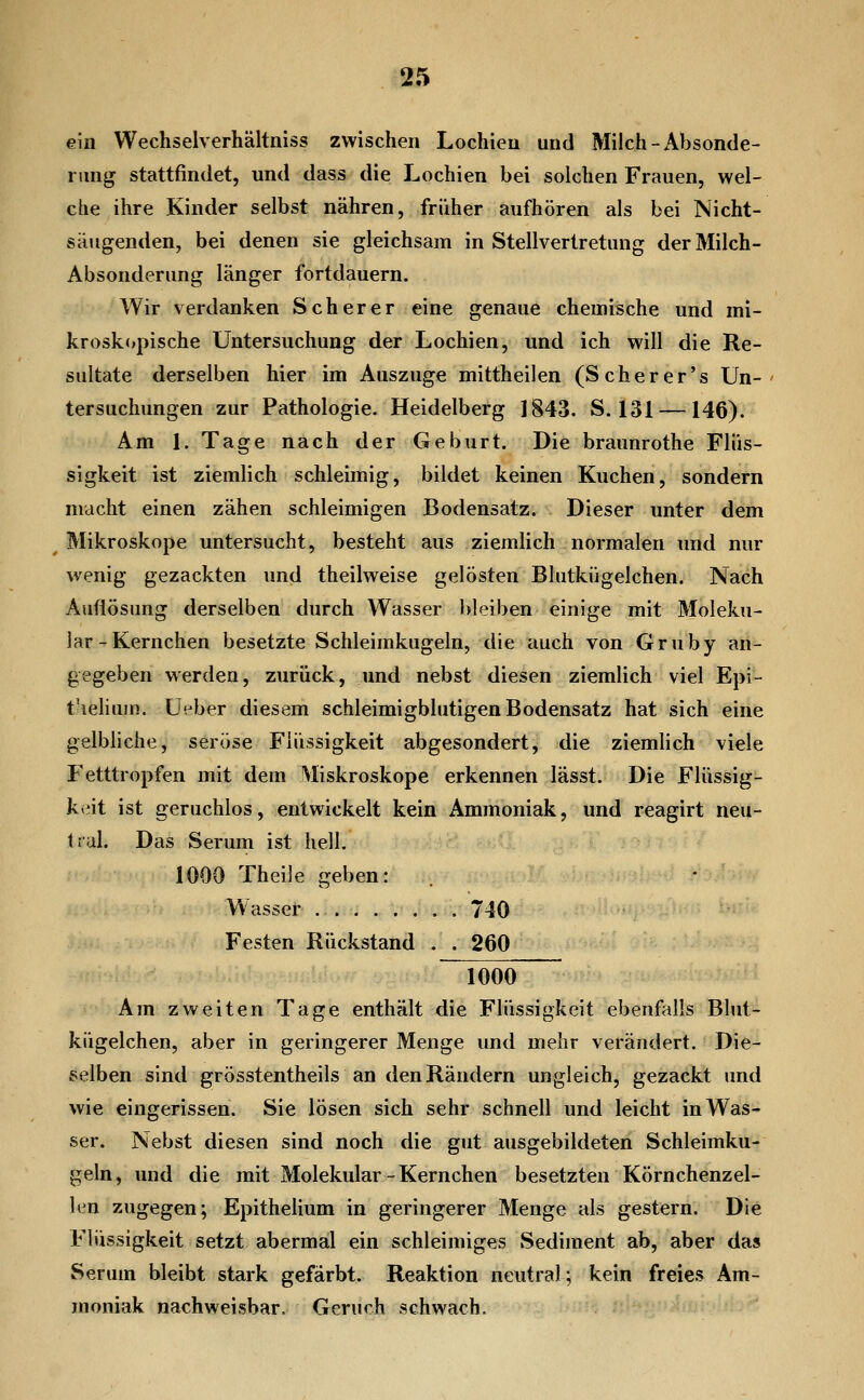 ein Wechselverhältniss zwischen Lochien und Milch-Absonde- rimg stattfindet, und dass die Lochien bei solchen Frauen, wel- che ihre Kinder selbst nähren, früher aufhören als bei Nicht- säugenden, bei denen sie gleichsam in Stellvertretung der Milch- Absonderung länger fortdauern. Wir verdanken Seh er er eine genaue chemische und mi- krosk<>pische Untersuchung der Lochien, und ich will die Re- sultate derselben hier im Auszuge mittheilen (Scherer's Un- tersuchungen zur Pathologie. Heidelberg 1843. S. 131 —146). Am 1. Tage nach der Geburt. Die braunrothe Flüs- sigkeit ist ziemlich schleimig, bildet keinen Kuchen, sondern macht einen zähen schleimigen Bodensatz. Dieser unter dem Mikroskope untersucht, besteht aus ziemlich normalen und nur wenig gezackten und theilweise gelösten Blutkügelchen. Nach Auflösung derselben durch Wasser bleiben einige mit Moleku- lar-Kernchen besetzte Schleimkugeln, die auch von Gruby an- gegeben werden, zurück, und nebst diesen ziemlich viel Epi- t'ieHum. Ueber diesem schleimigblutigen Bodensatz hat sich eine gelbliche, seröse Flüssigkeit abgesondert, die ziemHch viele Fetttropfen mit dem Miskroskope erkennen lässt. Die Flüssig- k(;it ist geruchlos, entwickelt kein Ammoniak, und reagirt neu- tral. Das Serum ist hell. 1000 Theile geben: Wasser 740 Festen Rückstand . . 260 1000 Am zweiten Tage enthält die Flüssigkeit ebenfalls Blut- kügelchen, aber in geringerer Menge und mehr verändert. Die- selben sind grösstentheils an den Rändern ungleich, gezackt und wie eingerissen. Sie lösen sich sehr schnell und leicht in Was- ser. Nebst diesen sind noch die gut ausgebildeten Schleimku- geln, und die mit Molekular - Kernchen besetzten Körnchenzel- len zugegen; Epithelium in geringerer Menge als gestern. Die Flüssigkeit setzt abermal ein schleimiges Sediment ab, aber das Serum bleibt stark gefärbt. Reaktion neutral; kein freies Am- moniak nachweisbar. Geruch schwach.