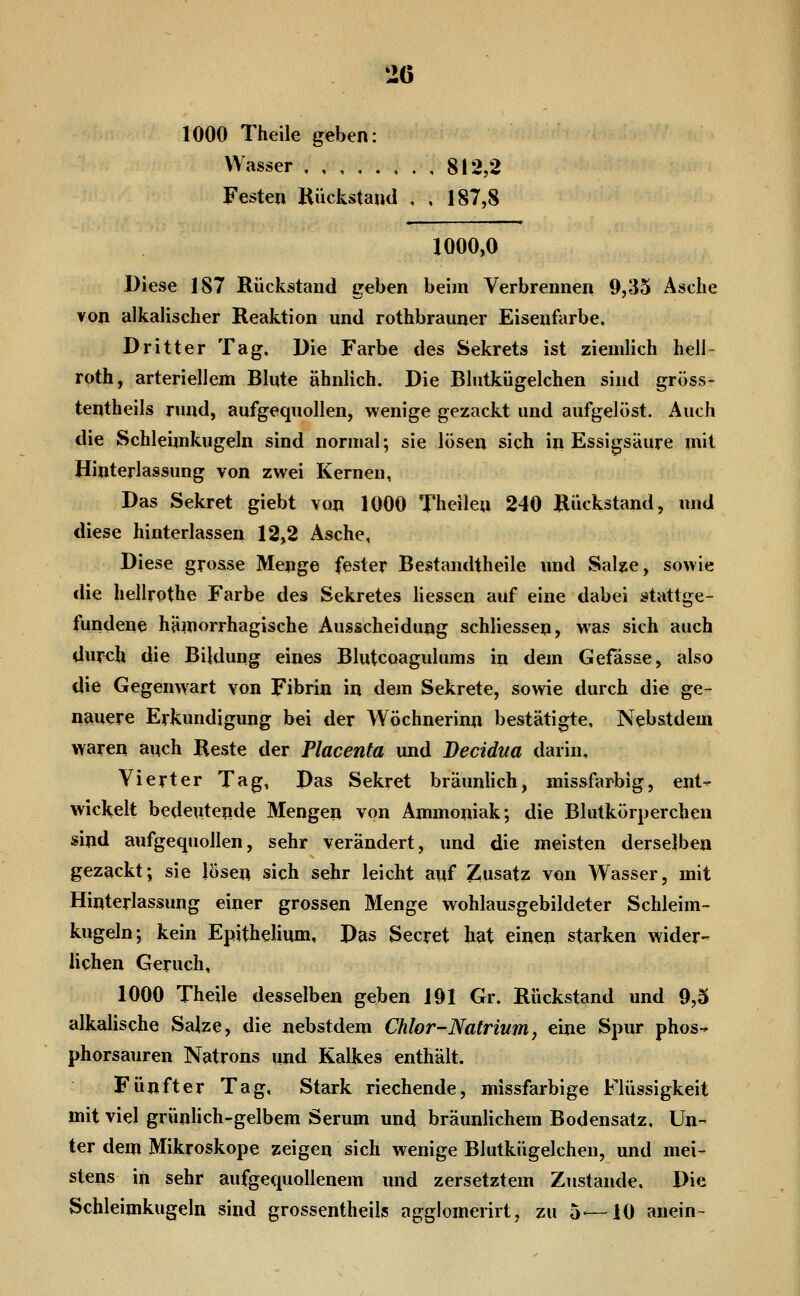 1000 Theile geben: Wasser 812,2 Festen Rückstand , , 187,8 1000,0 Diese 187 Rückstand geben beim Verbrennen 9,35 Asche von alkalischer Reaktion und rothbrauner Eisenfarbe. Dritter Tag. Die Farbe des Sekrets ist ziemlich hell- roth, arteriellem Blute ähnlich. Die Bhitkügelchen sind gröss- tentheils rund, aufgequollen, wenige gezackt und aufgelöst. Auch die Schleimkugeln sind normal; sie lösen sich in Essigsäure mit Hinterlassung von zwei Kernen, Das Sekret giebt von 1000 Theilen 240 Riickstand, und diese hinterlassen 12,2 Asche, Diese grosse Menge fester Bestandtheile und Sabe, sowie die hellrothe Farbe des Sekretes Hessen auf eine dabei stattge- fundene hämorrhagische Ausscheidung schliessen, was sich auch durch die Bildung eines Blutcoagulums in dem Gefässe, also die Gegenwart von Fibrin in dem Sekrete, sowie durch die ge- nauere Erkundigung bei der Wöchnerinn bestätigte, Nebstdem waren auch Reste der Placenta imd Becidua darin. Vierter Tag, Das Sekret bräunlich, missfarbig, ent- wickelt bedeutende Mengen von Ammoniak; die Blutkörperchen sind aufgequollen, sehr verändert, und die meisten derselben gezackt; sie lösen sich sehr leicht auf Zusatz von Wasser, mit Hinterlassung einer grossen Menge wohlausgebildeter Schleim- kugeln; kein EpitheHum, Das Secret hat einen starken wider- lichen Geruch, 1000 Theile desselben geben 191 Gr. Rückstand und 9,5 alkalische Salze, die nebstdem Chlor-Natrium, eine Spur phos- phorsauren Natrons und Kalkes enthält. Fünfter Tag, Stark riechende, missfarbige Flüssigkeit mit viel grünhch-gelbem Serum und bräunlichem Bodensatz, Un- ter dem Mikroskope zeigen sich wenige Blutkügelchen, und mei- stens in sehr aufgequollenem und zersetztem Zustande. Die Schleimkugeln sind grossentheils agglomerirt, zu 5-—10 anein-