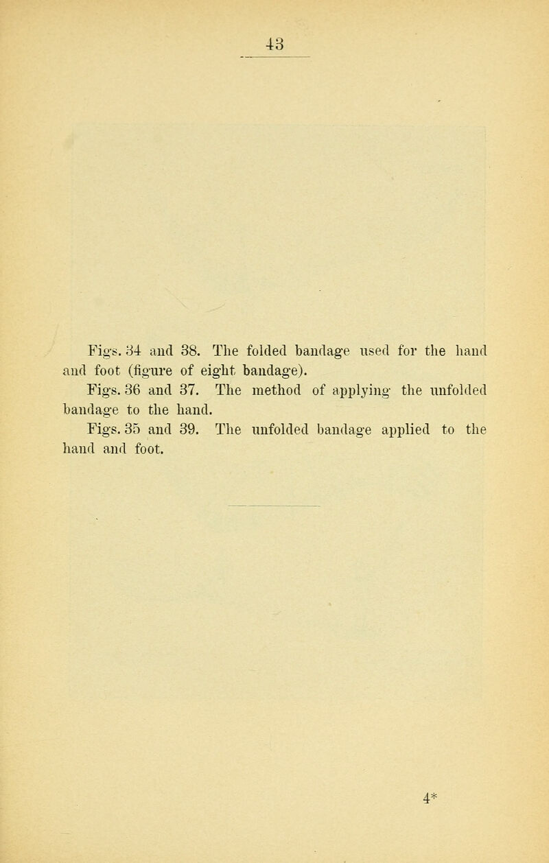 Fig's. 84 and 38. The folded bandage used for the haud and foot (figure of eight bandage). Figs. 36 and 37. The method of applying the unfolded bandage to the hand. Figs. 35 and 39. The unfolded bandage applied to the hand and foot. 4*