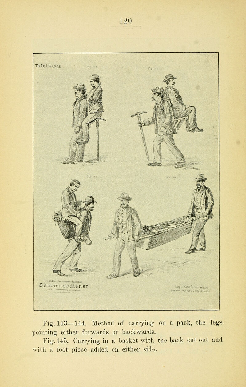 TeFel xxxxi! n m ^i Sarqar f- :'>3ienst 1 Fig. 143—144. Method of carrying on a pack, tlie legs pointing either forwards or backwards. Fig. 145. Carrying in a basket Mdth the back cut out and with a foot piece added on either side.