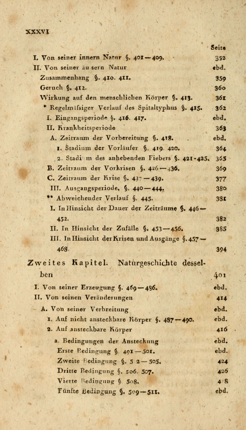 2CXXVI Seite L Von seiner Innern Natur §. 401 —409. 352 II. Von seiner äu sern Natur «bd. Zusammenhang §. 410. 4II» 359 Geruch §♦ 4x2. 360 Wirkung auf den menschlichen Körper §• 413, 361 * Regelmäfsiger Verlauf des Spitaltyphus §• 415« 362 i. Eingangsperiod^ §»416. 417. ebd* II* Krankheitsperiode 363 A. Zeitraum der Vorbereitung §. 4,1s* , ebd* I» Stadium der Vorläufer §, 419 420. 364 2. Stadi m des anhebenden Fiebers §. 421-425« 3Ö5 B» Zeitraum der Vorkrisen §♦ 426^—436» 369 C» Zeitraum der Krise §♦ 4^^—439» 377 in. Ausgangsperiode« §. 440 — 444. 38Q ** Abweichender Verlauf §, 445. 33t L In Hinsicht der Dauer d^r Zeiträume §♦ 446-^ 452. 382 II» In Hinsicht der Zufälle §, 453 —45(5* 385 III. In Hinsicht d^r Krisen und Ausgänge §.457^^ 468. 394 Zweites Kapitel. Naturgeschichte dessel- ben 4^1 I. Von seiner Erzeugung §, 469 — 496« ebdo II. Von seinen Veränderungen 414 A* Von seiner Verbreitung ebd. 1. Auf nicht anstecKbare Körper §♦ 487—49O. ebd. 2. Auf ansteckbare Körper 416 a. Bedingungen der Anstechung ebd. Erste Bedingung 5. 491 — 5oi» ebd. Zweite Bedingung §. 5 2—505, 424 Dritte ?)edingung §, 506. 507. 426' Vierte 'sedine^ung ^ 508* 48 Fünfte Bedingung §♦ 509-^511% cbd.