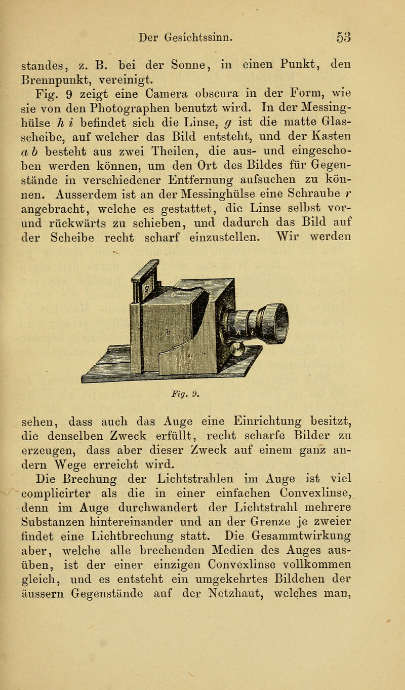 Standes, z. B. bei der Sonne, in einen Punkt, den Brennpunkt, vereinigt. Fig. 9 zeigt eine Camera obscura in der Form, wie sie von den Pliotograplien benutzt wird. In der Messing- liülse li i befindet sich die Linse, g ist die matte Glas- scheibe, auf welcher das Bild entsteht, und der Kasten a b besteht aus zwei Theilen, die aus- und eingescho- ben werden können, um den Ort des Bildes für Gegen- stände in verschiedener Entfernung aufsuchen zu kön- nen. Ausserdem ist an der Messinghülse eine Schraube r angebracht, welche es gestattet, die Linse selbst vor- und rückwärts zu schieben, und dadurch das Bild auf der Scheibe recht scharf einzustellen. Wir werden Fig. 9. sehen, dass auch das Auge eine Einrichtung besitzt, die denselben Zweck erfüllt, recht scharfe Bilder zu erzeugen, dass aber dieser Zweck auf einem ganz an- dern Wege erreicht wird. Die Brechung der Lichtstrahlen im Auge ist viel complicirter als die in einer einfachen Convexlinse, denn im Auge durchwandert der Lichtstrahl mehrere Substanzen hintereinander und an der Grenze je zweier findet eine Lichtbrechung statt. Die Gesammtwirkung aber, welche alle brechenden Medien des Auges aus- üben, ist der einer einzigen Convexlinse vollkommen gleich, und es entsteht ein umgekehrtes Bildchen der äussern Gegenstände auf der Netzhaut, welches man,