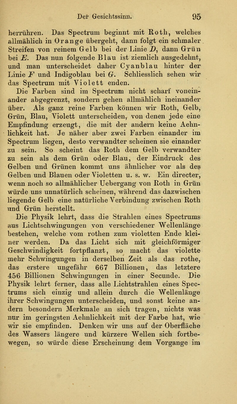 herrühren. Das Spectrum beginnt mit Roth, welches allmählich in Orange übergeht, dann folgt ein schmaler Streifen von reinem Gelb bei der Linie Z), dann Grün bei E. Das nun folgende Blau ist ziemlich ausgedehnt, und man unterscheidet daher Cyanblau hinter der Linie F und Indigoblau bei Gr. Schliesslich sehen wir das Spectrum mit Violett enden. Die Farben sind im Spectrum nicht scharf vonein- ander abgegrenzt, sondern gehen allmählich ineinander über. Als ganz reine Farben können wir Roth, Gelb, Grün, Blau, Violett unterscheiden, von denen jede eine Empfindung erzeugt, die mit der andern keine Aehn- lichkeit hat. Je näher aber zwei Farben einander im Spectrum liegen, desto verwandter scheinen sie einander zu sein. So scheint das Roth dem Gelb verwandter zu sein als dem Grün oder Blau, der Eindruck des Gelben und Grünen kommt uns ähnlicher vor als des Gelben und Blauen oder Violetten u. s. w. Ein directer, wenn noch so allmählicher Uebergang von Roth in Grün würde uns unnatürlich scheinen, während das dazwischen liegende Gelb eine natürliche Verbindung zwischen Roth und Grün herstellt. Die Physik lehrt, dass die Strahlen eines Spectrums aus Lichtschwingungen von verschiedener Wellenlänge bestehen, welche vom rothen zum violetten Ende klei- ner werden. Da das Licht sich mit gleichförmiger Geschwindigkeit fortpflanzt, so macht das violette mehr Schwingungen in derselben Zeit als das rothe, das erstere ungefähr 667 Billionen, das letztere 456 Billionen Schwingungen in einer Secunde. Die Physik lehrt ferner, dass alle Lichtstrahlen eines Spec- trums sich einzig und allein durch die Wellenlänge ihrer Schwingungen unterscheiden, und sonst keine an- dern besondern Merkmale an sich tragen, nichts was nur im geringsten Aehnlichkeit mit der Farbe hat, wie wir sie empfinden. Denken wir uns auf der Oberfläche des Wassers längere und kürzere Wellen sich fortbe- wegen, so würde diese Erscheinung dem Vorgange im