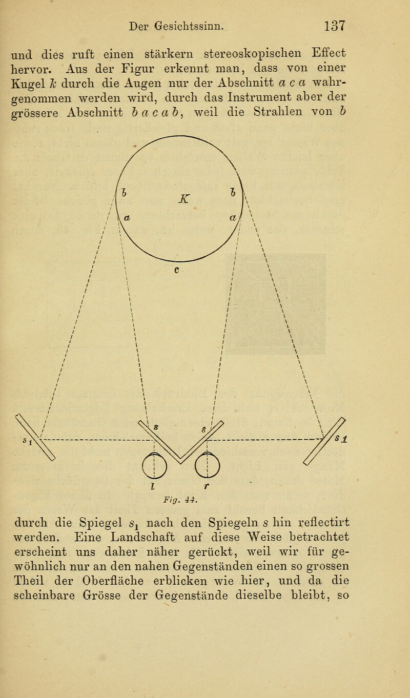 und dies ruft einen stärkern stereoskopisclien Effect hervor. Aus der Figur erkennt man, dass von einer Kugel k durch die Augen nur der Abschnitt a c a wahr- genommen werden wird, durch das Instrument aber der grössere Abschnitt b a c ab, weil die Strahlen von b Fig. 44. durch die Spiegel Sj nach den Spiegeln s hin reflectirt werden. Eine Landschaft auf diese Weise betrachtet erscheint uns daher näher gerückt, weil wir für ge- wöhnlich nur an den nahen Gegenständen einen so grossen Theil der Oberfläche erblicken wie hier, und da die scheinbare Grösse der Gegenstände dieselbe bleibt, so
