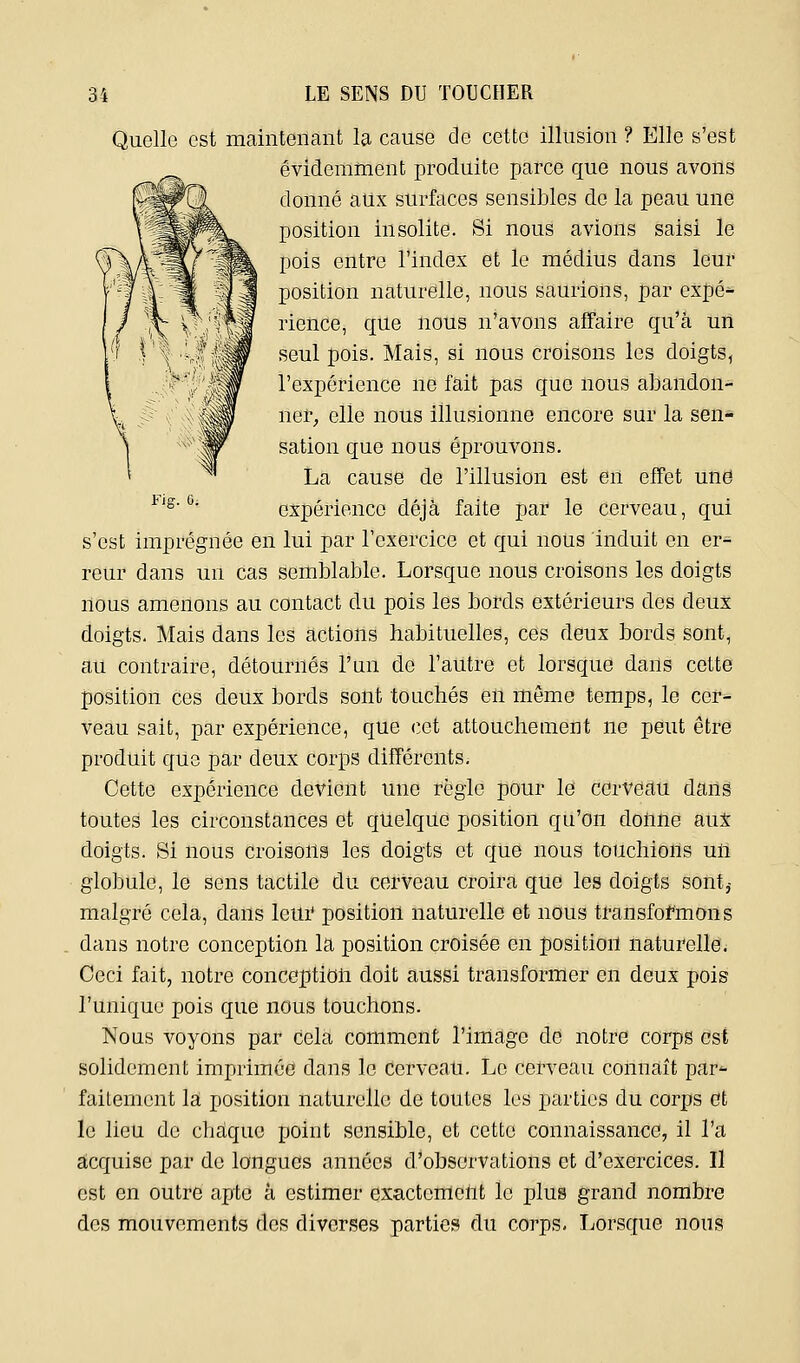 Quelle est maintenant la cause de cette illusion ? Elle s'est évidemment produite parce que nous avons donné aux surfaces sensibles de la peau une position insolite. Si nous avions saisi le pois entre l'index et le médius dans leur position naturelle, nous saurions, par expé- rience, que nous n'avons affaire qu'à un seul pois. Mais, si nous croisons les doigts, l'expérience ne fait pas que nous abandon- ner, elle nous illusionne encore sur la sen* sation que nous éprouvons. La cause de l'illusion est en effet une ^'^*''■ expérience déjà faite par le cerveau, qui s'est imprégnée en lui par l'exercice et qui nous induit en er- reur dans un cas semblable. Lorsque nous croisons les doigts nous amenons au contact du pois les bords extérieurs des deux doigts. Mais dans les actions habituelles, ces deux bords sont, au contraire, détournés l'un de l'aUtre et lorsque dans cette position ces deux bords sont touchés en môme temps, le cer- veau sait, par expérience, que cet attouchement ne peut être produit que par deux corps différents. Cette expérience devient une règle pour le cerveau dans toutes les circonstances et quelque position qu'on donne auX doigts. Si nous croisons les doigts et que nous touchions uU globule, le sens tactile du cerveau croira que les doigts sont^ malgré cela, dans leur position naturelle et nous transformons dans notre conception la position croisée en positiou naturelle. Ceci fait, notre conceptioii doit aussi transformer en deux pois l'unique pois que nous touchons. Nous voyons par cela comment l'image de notre corps est solidement imprimée dans le derveau. Le cerveau connaît par- faitement là position naturelle de toutes les parties du corps et le lieu de chaque point sensible, et cette connaissance, il l'a acquise par de longues années d'observations et d'exercices. Il est en outre apte à estimer exactenleUt le plus grand nombre des mouvements des diverses parties du corps. Ijorsque nous