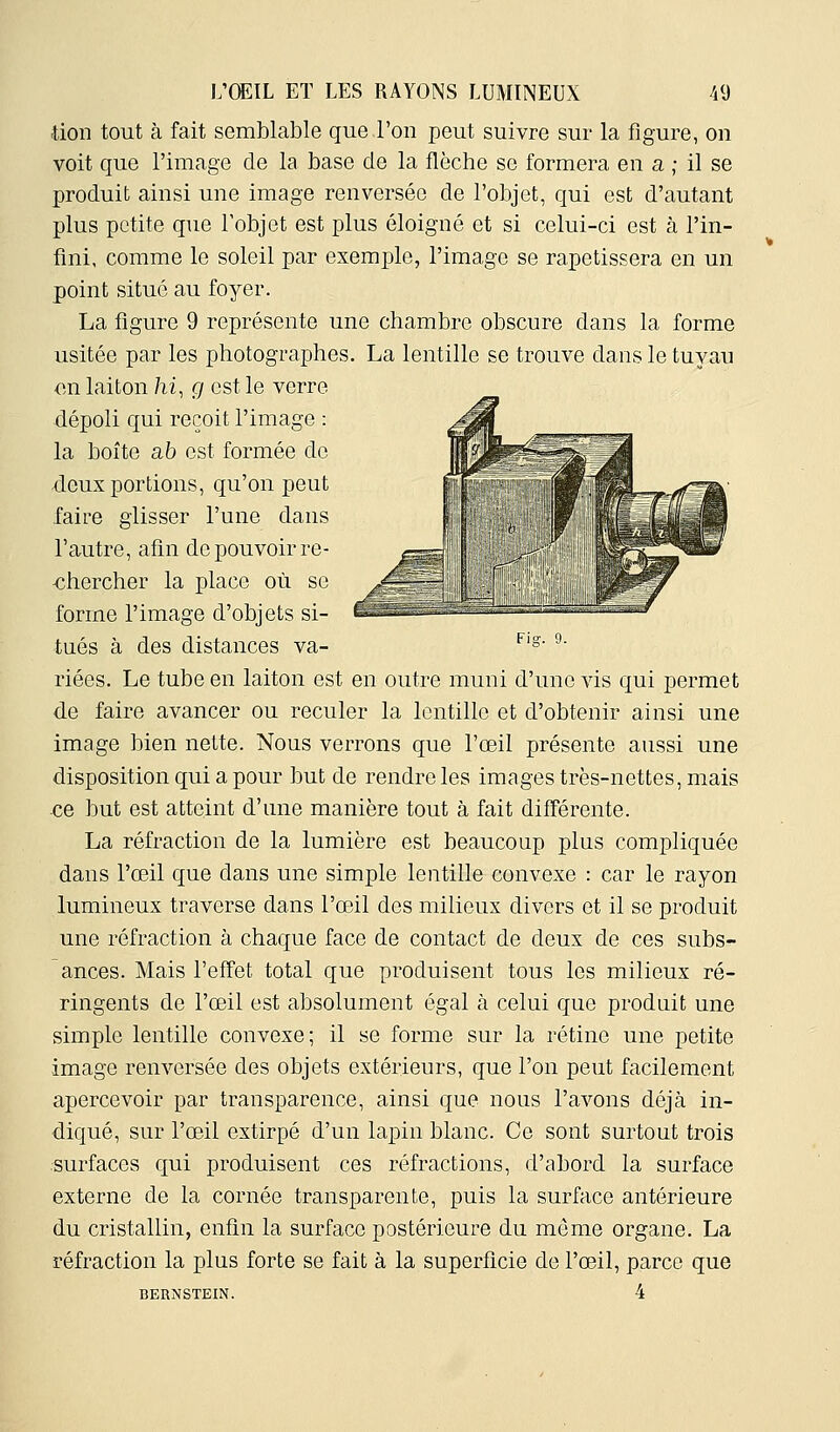 iion tout à fait semblable que l'on peut suivre sur la figure, on voit que l'image de la base de la flèche se formera en a ; il se produit ainsi une image renversée de l'objet, qui est d'autant plus petite que Tobjet est plus éloigné et si celui-ci est à l'in- fini, comme le soleil par exemple, l'image se rapetissera en un point situé au foyer. La figure 9 représente une chambre obscure dans la forme usitée par les photographes. La lentille se trouve dans le tuyau Gu laiton hi, g est le verre dépoli qui reçoit l'image : la boîte ab est formée de deux portions, qu'on peut faire glisser l'une dans l'autre, afin de pouvoir re- -chercher la place où se forme l'image d'objets si- tués à des distances va- ^'°' ^■ riées. Le tube en laiton est en outre muni d'une vis qui permet de faire avancer ou reculer la lentille et d'obtenir ainsi une image bien nette. Nous verrons que l'œil présente aussi une disposition qui a pour but de rendre les images très-nettes, mais ^e but est atteint d'une manière tout à fait différente. La réfraction de la lumière est beaucoup plus compliquée dans l'œil que dans une simple lentille convexe : car le rayon lumineux traverse dans l'œil des milieux divers et il se produit une réfraction à chaque face de contact de deux de ces subs- ances. Mais l'effet total que produisent tous les milieux ré- ringents de l'œil est absolument égal à celui que produit une simple lentille convexe; il se forme sur la rétine une petite image renversée des objets extérieurs, que l'on peut facilement apercevoir par transparence, ainsi que nous l'avons déjà in- diqué, sur l'œil extirpé d'un lapin blanc. Ce sont surtout trois surfaces qui produisent ces réfractions, d'abord la surface externe de la cornée transparente, puis la surface antérieure du cristallin, enfin la surface postérieure du même organe. La réfraction la plus forte se fait à la superficie de l'œil, parce que BERNSTEIN. 4