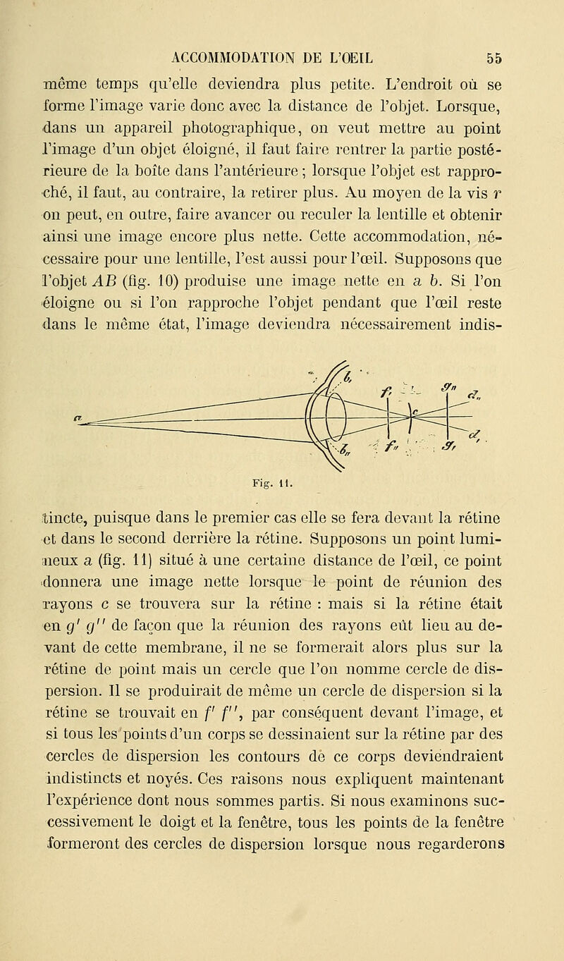 même temps qu'elle deviendra plus petite. L'endroit où se forme l'image varie donc avec la distance de l'objet. Lorsque, dans un appareil photographique, on veut mettre au point Timage d'un objet éloigné, il faut faire rentrer la partie posté- rieure de la boîte dans l'antérieure ; lorsque l'objet est rappro- ché, il faut, au contraire, la retirer plus. Au moyen de la vis r on peut, en outre, faire avancer ou reculer la lentille et obtenir ainsi une image encore plus nette. Cette accommodation, né- cessaire pour une lentille, l'est aussi pour l'œil. Supposons que l'objet AB {iig. 10) produise une image nette en a b. Si l'on éloigne ou si l'on rapproche l'objet pendant que l'œil reste dans le même état, l'image deviendra nécessairement indis- Fig. n. tincte, puisque dans le premier cas elle se fera devant la rétine et dans le second derrière la rétine. Supposons un point lurai- aieux a (fig. 11) situé à une certaine distance de l'œil, ce point 'donnera une image nette lorsque le point de réunion des rayons c se trouvera sur la rétine : mais si la rétine était en g' g de façon que la réunion des rayons eût lieu au de- vant de cette membrane, il ne se formerait alors plus sur la rétine de point mais un cercle que l'on nomme cercle de dis- persion. Il se produirait de même un cercle de dispersion si la rétine se trouvait en f f, par conséquent devant l'image, et si tous les points d'un corps se dessinaient sur la rétine par des cercles de dispersion les contours de ce corps deviendraient indistincts et noyés. Ces raisons nous expliquent maintenant l'expérience dont nous sommes partis. Si nous examinons suc- cessivement le doigt et la fenêtre, tous les points de la fenêtre formeront des cercles de dispersion lorsque nous regarderons