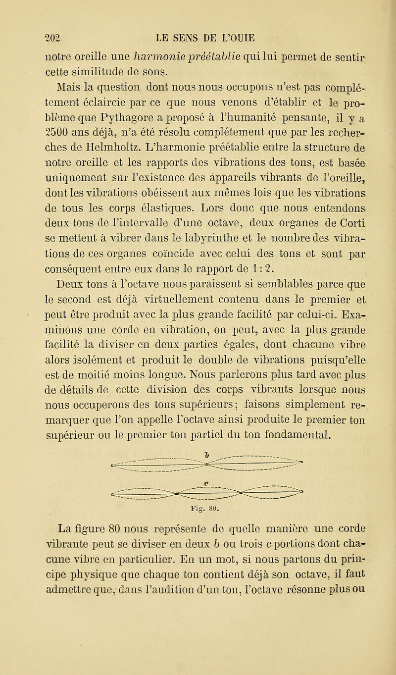 notre oreille une harmonie loréétahlie qui lui permet de sentir cette similitude de sons. Mais la question dont nous nous occupons n'est pas complè- tement éclaircie par ce que nous venons d'établir et le pro- blème que Pythagore a proposé à l'humanité pensante, il y a 2500 ans déjà, n'a été résolu complètement que par les recher- ches de Helmholtz. L'harmonie préétablie entre la structure de notre oreille et les rapports des vibrations des tons, est basée uniquement sur l'existence des appareils vibrants de l'oreille, dont les vibrations obéissent aux mêmes lois que les vibrations de tous les corps élastiques. Lors donc que nous entendons deux tons de l'intervalle d'une octave, deux organes de Corti se mettent à vibrer dans le labyrinthe et le nombre des vibra- tions de ces organes coïncide avec celui des tons et sont par conséquent entre eux dans le rapport de 1:2. Deux tons à l'octave nous paraissent si semblables parce que le second est déjà virtuellement contenu dans le premier et peut être produit avec la plus grande facilité par celui-ci. Exa- niinons une corde en vibration, on peut, avec la plus grande facilité la diviser en deux parties égales, dont chacune vibre alors isolément et produit le double de vibrations puisqu'elle est de moitié moins longue. Nous parlerons plus tard avec plus de détails de cette division des corps vibrants lorsque nous nous occuperons des tons supérieurs ; faisons simplement re- marquer que l'on appelle l'octave ainsi produite le premier ton supérieur ou le premier ton partiel du ton fondamental. La figure 80 nous représente de quelle manière une corde vibrante peut se diviser en deux b ou trois c portions dont cha- cune vibre en particulier. En un mot, si nous partons du prin- cipe physique que chaque ton contient déjà son octave, il faut admettre que, dans l'audition d'un ton, l'octave résonne plus ou