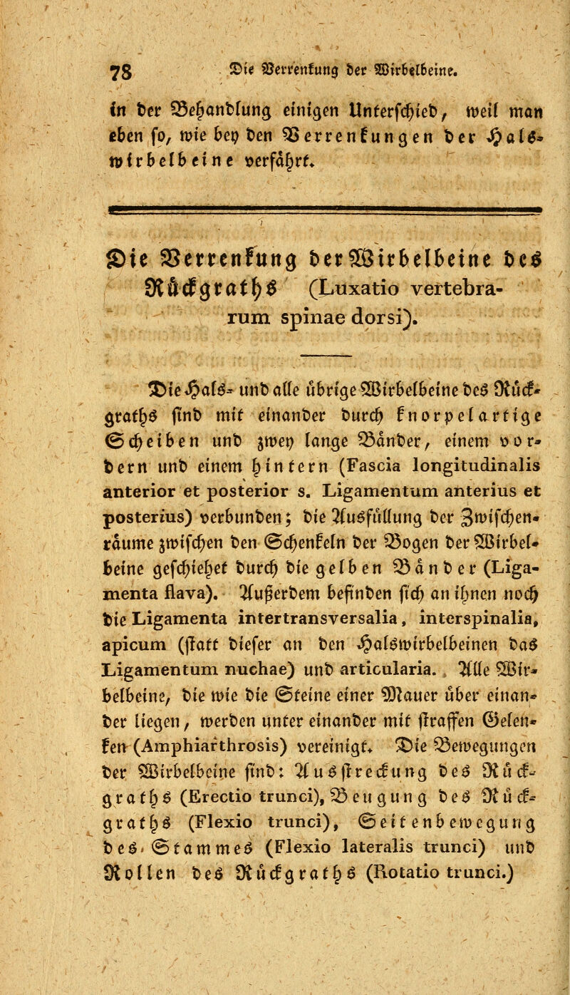 in tn Sß^antfung einigen Unterfc^iet), mei( man tbcn fo, mie bet) t)en SJerrenfungen t>er ^aU* voitbelhtine \>et^a^vU ©ie aSerrcnfung &erSßJitbclbeine öc JÄÖd^gtat^S (liüxatio vertebra- rum Spinae dorsi). t>k^aie' nntaüe übrige SBirbelBelnebe^ Dtucf* - grat^ö jinb mit einant>er burc^ fnorpelartige ©c^eiben unt) jmep lange Sanier, einem \?or* tern unb einem ^intern (Fascia longitudinalis anterior et posterior s. Ligamentum anterius et posterius) \)erbunt)en; t)ie ^fu^fuüung t)er S^i\d)en'' tdume jmifc^en t)en ©c^enfeln t)er ®ogen t)er SBirbeU Beine gefc^ie^ef turc^ biegefben Sdnber (Liga- menta flava), 3{ufert>em befinden ftc^ an if^ncn no(§ | bie Ligamenta intertransversalia, interspinalia, apicum {^att tiefer an tm ^al^wirbelbeinen 'Oa$ Ligamentum nuchae) unt) articularia. , %üc 5Bir- belbeine, tie tt)ie t)ie Steine einer 93]auer über einan* . t>er liegen, merben untereinander mit jlrajfen ©eleu« fen (Amphiarthrosis) vereinigt* S)ie Semegungen t>er ^irbelbcine jTnt>: 3(u^)lrec!ung t>e^ 9^U(f- gr at^$ (Erectio trunci), 23 eu g u n g t) e^ 9t ü (f* gra(^ö (Flexio trunci), ©eitenbeiDcgung t>e^* Stammet (Flexio lateralis trunci) unt) Kotlen he$ StücEgrat^ö (Kotatio trunci.)