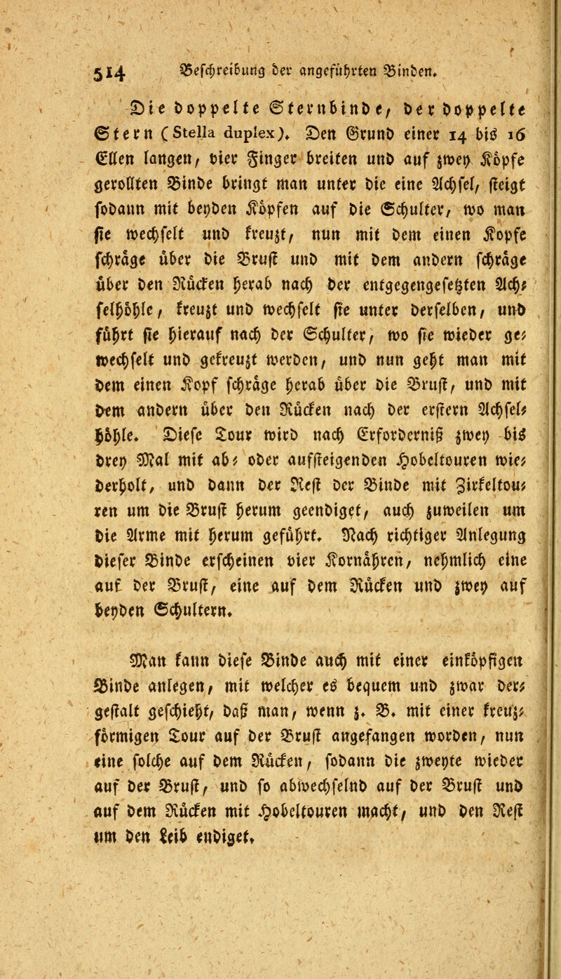 Sie bo^jpelte 6tevitBint) e, Der Oöt)pe(te ©ter« (Stella duplex), ^ett ^tunO einet 14 biß 16 Cttcn (aitgett^ tiet* ginger breiten unO auf jmet) f opfe gevodten 35int)e 5n«(jt man unHt Die eine Üid)fe(^ (leigt foDautt mit bepDen Jlcpfen auf Die (Sc^uIteV/ wo matt fte wec^felt unO fveujt, nun mit Dem einen fopfc fcf)ra3e über Die ^xuii unD mit Dem anDern fc^rage Aber Den Dlü<Jen ^erab nac^ Der entgegengefe^ten 5lc^; feil^b^le, freuet unD mec^felt fte unter Derfelbeu/ utH) fö^rt fte hierauf nac^ Der 6c^ulter/ njo fie trieDer (je; »ec^felt unD gcfreu^t werDen, unD nun ^e^t man mit ^em einen ^^cpf fc^rdcje §erab über Die ^ru(!^ unD mit ^em anDern über Den ^fvüden nac^ Der erjtern 5lc^fe(^ 56l^(e^ ^ic^c ^owr n^irD ttac^ (^rfovDernig ^ttjet) bi^ Drei) ?OvaI mit <ib'^ oDer auffleigenDen Jpobeltouren n>ie? Der^olt, unD Dann Der ?le|! Der ^inDe mit 3^^*^^^^^«^ ren um Die S5ru|l Jerum geenDiget/ aud^ ^umeilen um Die 5lrme mit Jerum geführt, ^ad) richtiger SInlegung tiefer ^inDe erfc^einen öier Äornajrctt/ nelpmUc^ eine aue Der S5ru(!, eine auf Dem Svücfen mtD ^tve^ auf fcepDen 6c^u(tern» 50ian fann Diefe SinDe m^ mit einer einfoppgen S3inDe mU^m, mit welcher e^ bequem unD ^n^ar Der^ sef?alt ^e{<!f)xe^tf Daß man^ wenn ^ ^* mit einer freuj; formi^eit i^our auf Der ^ru(! angefangen worDen, nuti fine fole^e auf Dem Siücfen^ foDann Die ^wepte it?ieDer auf Der SßrufJ^ unD fo abmed)feIttD auf Der ^ru|? unD auf Dem Svücfen mit .^obeltouren mac^t/ unD Den tKeft lim t)m teib enDisett