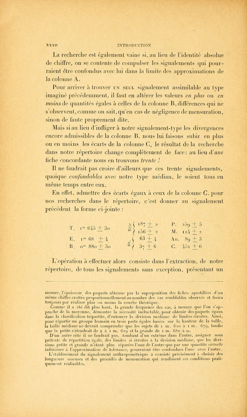 La recherche est également vaine si, au heu de l'identité absolue de chiffre, on se contente de compulser les signalements qui pour- raient être confondus avec lui dans la limite des approximations de la colonne A. Pour arriver à trouver un seul signalement assimilable au type imaginé précédemment, il faut en altérer les valeurs en plus ou en moins de quantités égales à celles de la colonne B, différences qui ne s'observent, comme on sait, qu'en cas de négligence de mensuration, sinon de faute proprement dite. Mais si au lieu d'infliger à notre signalement-type les divergences encore admissibles de la colonne B, nous lui faisons subir en plus ou en moins les écarts de la colonne C, le résultat de la recherche dans notre répertoire change complètement de face: au lieu à'une fiche concordante nous en trouvons trente ! Il ne faudrait pas croire d'ailleurs que ces trente signalements, quoique confondables avec notre type médian, le soient tous en même temps entre eux. En effet, admettre des écarts égaux à ceux de la colonne G. pour nos recherches dans le répertoire, c'est donner au signalement précédent la forme ci-jointe : T. I' 645 + 3o l\ 209 + 5 M. Il/l + 2 E. 1-68 +4 ..(63 + 4 Au. 8g + 3 B. o-88o + 3o ^1 37 + 6 C. 43i+6 L'opération à effectuer alors consiste dans l'extraction, de notre répertoire, de tous les signalements sans exception, présentant un mesure, répaisseur des paquets obtenue par la superpositioa des fiches a|)ostillces d'un même chiirrc croîtra proportionnellement au nombre des cas semblables observés et Unira toujours par réaliser plus ou moins la courbe théorique. Comme il a été dit plus haut, la grande fréquence des cas, à mesure que l'on s'ap- proche de la moyenne, démontre la nécessité inéluctable, pour obtenir des paquets égaux dans la classification triparlite, d'entourer la division médiane de limites étroites. Ainsi, pour répartir un groupe humain en trois parts égales basées sur la hauteur de la taille, la taille médiane ne devrait comprendre que les sujets de i m. 620 à 1 m. G79, tandis que la petite s'étendrait de a à i m. 619 et la grande de i m. 680 à to. D'un autre côté il ne faudrait pas, tombant d'un extrême dans l'autre, assigner sous prétexte do l'épartilion égale, des limites si étroites à la division médiane, que les divi- sions petite et grande n'étant plus séparées l'une de l'autre que par une quantité virtuelle inférieure à l'approximation de tolérance, pourraient être confondues l'une avec l'autre. L'établissement du signalement anthropométrique a consisté précisément à choisir des longueurs osseuses et des procédés de mensuration qui rendissent ces conditions prati- quement réalisables.