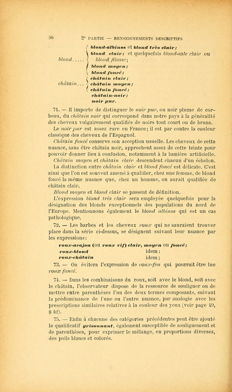 ( hlotul-alhinos et hlontl très clair ^ blond clair; et quelquefois blond-sale clair ou blond { blond filasse \ hlontl moyen; hlonfl foncé; { châtain clair; chcitdin. . . J cJuîtain moyen; { châtain foncé; châtain-noir ^ noir pur. 71. — Il importe de distinguer le noir pur, ou noir plume de cor- beau, du châtai7i noir qui correspond dans notre pays à la généralité des cheveux vulgairement qualifiés de noirs tout court ou de bruns. Le 7ioirpur est assez rare en France; il est par contre la couleur classique des cheveux de l'Espagnol. Châtain foncé conserve son acception usuelle. Les cheveux de cette nuance, sans être châtain noir, approchent assez de cette teinte pour pouvoir donner lieu à confusion, notamment à la lumière artificielle. Châtain moyen et châtain clair descendent chacun d'un échelon. La distinction entre châtain clair et blond foncé est délicate. C'est ainsi que Ton est souvent amené à qualifier, chez une femme, de blond foncé la même nuance que, chez un homme, on aurait qualifiée de châtain clair. Blond moyen et blond clair se passent de définition. L'expression blond très clair sera employée quelquefois pour la désignation des blonds exceptionnels des populations du nord de l'Europe. Mentionnons également le blond albinos qui est un cas pathologique. 72. — Les barbes et les cheveux roux qui ne sauraient trouver place dans la série ci-dessus, se désignent suivant leur nuance par les expressions : rouoc-acajou COU roux vif) clair, moyen OU foncé; ronx-hlontl idem ; roux-châtain idem ; 73. — On évitera l'expression de roux-feu qui pourrait être lue roux foncé. 74. — Dans les combinaisons du roux, soit avec le blond, soit avec le châtain, l'observateur dispose de la ressource de souligner ou de mettre entre parenthèses l'un des deux termes composants, suivant la prédominance de l'une ou l'autre nuance, par analogie avec les prescriptions similaires relatives à la couleur des yeux (voir page 49, §42). 75. — Enfin à chacune des catégories précédentes peut être ajouté le qualificatif grisonnant, également susceptible de soulignement et de parenthèses, pour exprimer le mélange, en proportions diverses, des poils blancs et colorés.