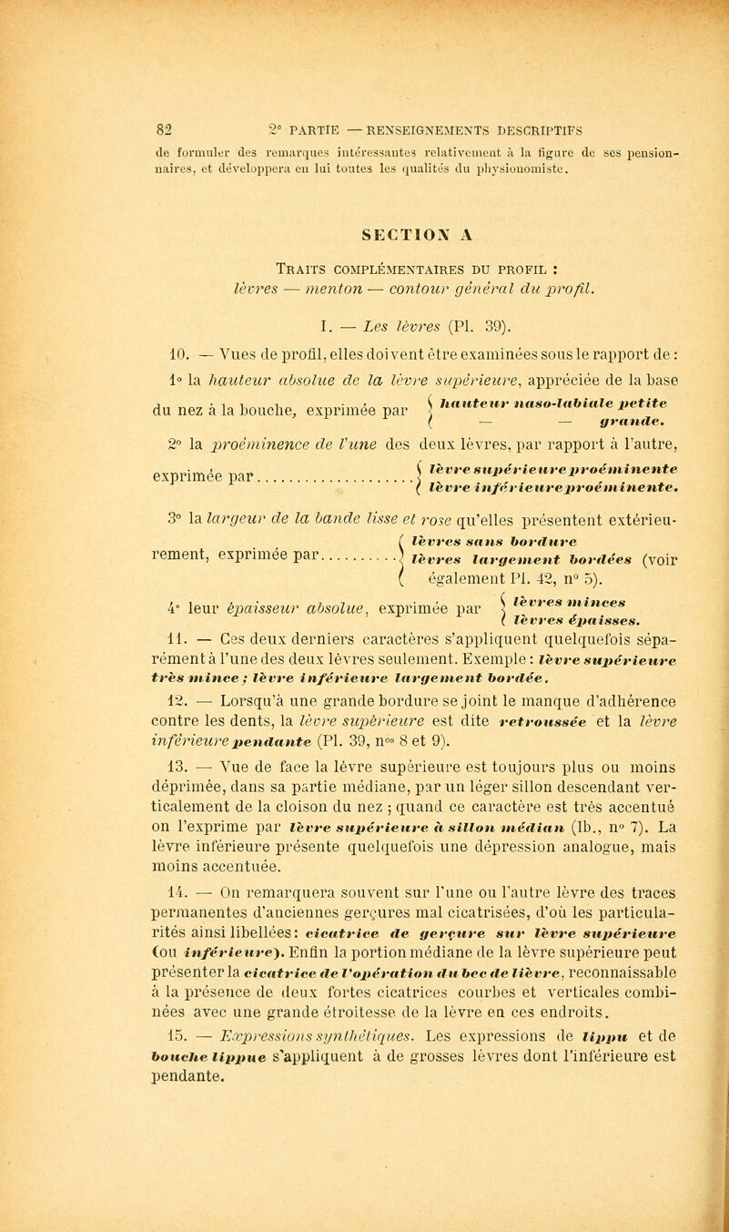 de formuler des remarques intéressantes relativement à la figure de ses pension- naires, et développera eu lui toutes les qualités du physionomiste. SECTIOX A Traits complémentaires du profil : lèvres — menton— contour général du profil. I. —Les lèvres (PI. 39). 10. — Vues de profil, elles doivent être examinées sous le rapport de : 1 la hauteur absolue de la lèvre supérieure^ appréciée de la base du nez à la bouche, exprimée par \ '»«»*e«r naso-iahiaie petite ( — — grande. 2° la proéimnence de Vune des deux lèvres, par rapport à l'autre, exprimée par ilhvre supérieure proéminente lèvre inférieureproéininente. ■\ 3° la largeur de la bande lisse et rose qu'elles présentent extérieu- C lèvres sans horilure rement, exprimée par fièvres largement bordées (voir ( également PL 42, n^ 5). 4° leur épaisseur absolue, exprimée par ] *^v»'«» «-«wees ( lèvres épaisses. 11. — Ces deux derniers caractères s'appliquent quelquefois sépa- rément à l'une des deux lèvres seulement. Exemple : lèvre supérieure très mince ; lèvre inférieure largement bordée. 12. — Lorsqu'à une grande bordure se joint le manque d'adhérence contre les dents, la lèvre supérieure est dite retroussée et la lèvre inférieure pendante (PL 39, n^^ 8 et 9). 13. — Vue de face la lèvre supérieure est toujours plus ou moins déprimée, dans sa partie médiane, par un léger sillon descendant ver- ticalement de la cloison du nez ; quand ce caractère est très accentué on l'exprime par lèvre supérieure à sillon médian (Ib., n° 7). La lèvre inférieure présente quelquefois une dépression analogue, mais moins accentuée. 14. — On remarquera souvent sur l'une ou l'autre lèvre des traces permanentes d'anciennes gerçures mal cicatrisées, d'où les particula- rités ainsi libellées: cicatrice de gerçure sur lèvre supérieure (ou inférieure^. Enfin la portion médiane de la lèvre supérieure peut présenter la cicatrice de l'opération du bec de lièvre, reconnaissable à la présence de deux fortes cicatrices courbes et verticales combi- nées avec une grande étroitesse de la lèvre en ces endroits. 15. — Expi'essionssynUicliques. Les expressions de lippu et de bouche iip2)ue s'appliquent à de grosses lèvres dont l'inférieure est pendante.